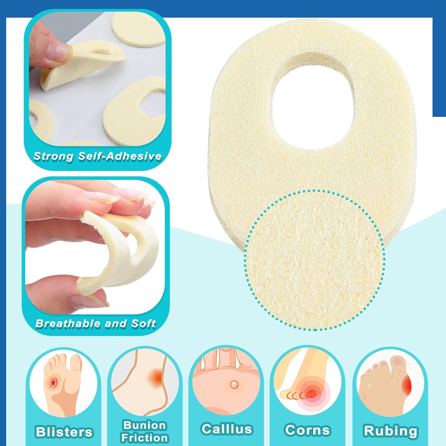 72 cojines de fieltro para callos de forma ovalada, almohadillas adhesivas para pies, almohadillas suaves y transpirables para callos, cojines de