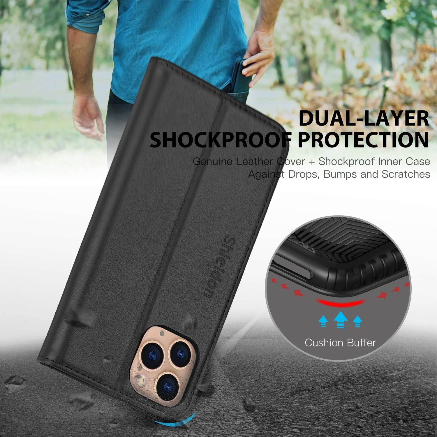 SHIELDON Funda para iPhone 11 Pro, de piel auténtica, con función de encendido y apagado automático, bloqueo RFID, ranuras para tarjetas, función