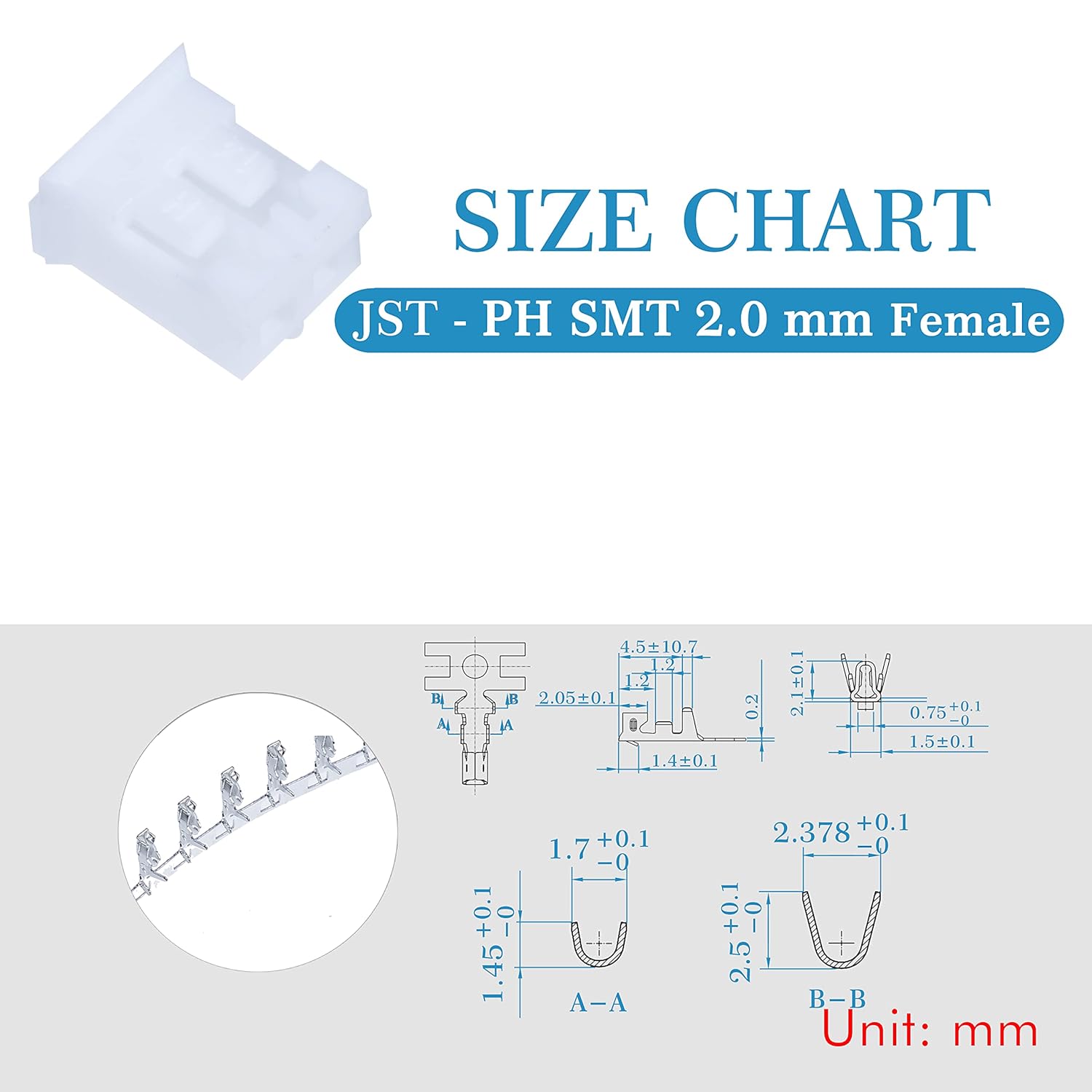 50 juegos200 piezas de 0.079 in de paso JST PH SMT 2-Pin IC Sockets & Plugs Adaptador Conector Macho y Hembra, Kit de DIP de crimpado. para cable de
