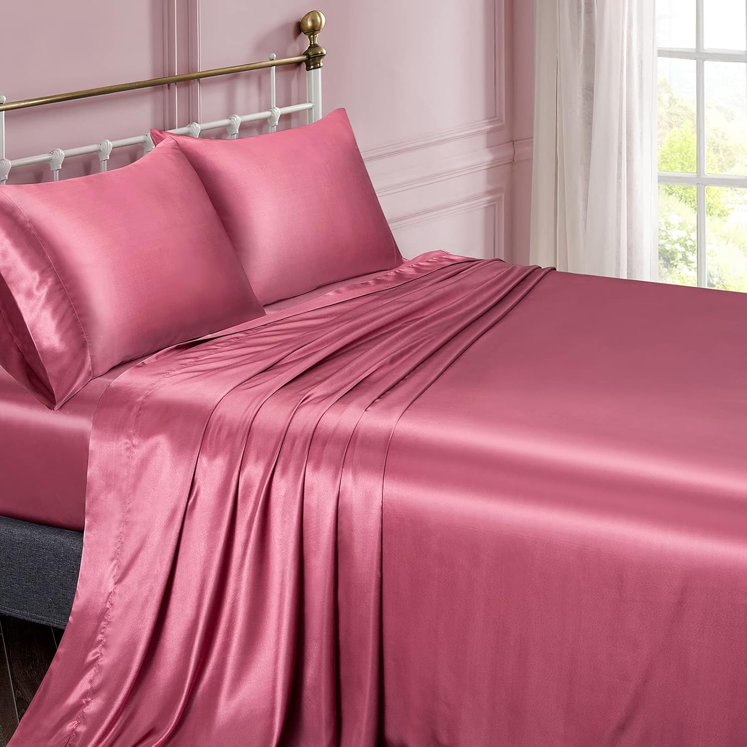 Krissh – Juego de sábanas de seda satinada suave de 6 piezas, tamaño Queen, color rojo vino claro, sábana encimera ajustable (bolsillo profundo de