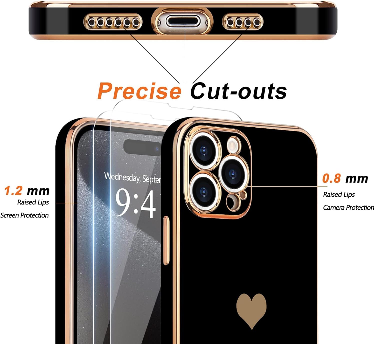 Teageo Funda para iPhone 15 Pro con protector de pantalla 2 unidades para niñas y mujeres, diseño de corazón de amor femenino de lujo, funda suave