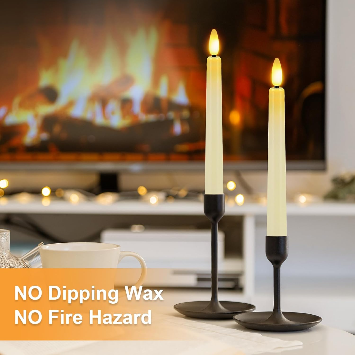 2 PCS LED Flameless Ivory Taper Candles, 8″ Tall Taper Candle Sticks Battery Operated with Remote, 3D Wick Flickering Light Dripless Window Taper
