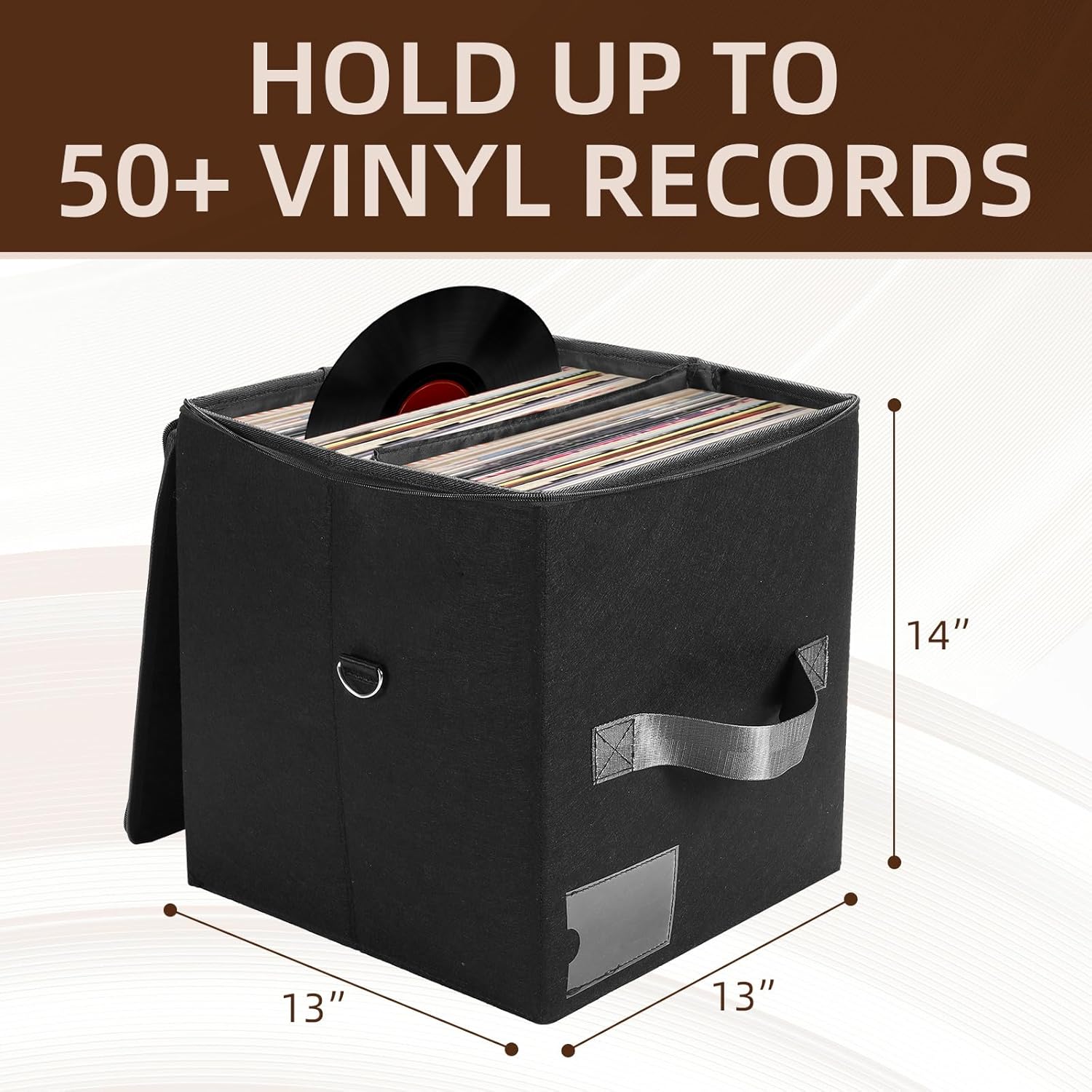 Rasugarlary Caja de almacenamiento de discos de vinilo con capacidad para más de 50 discos con tapa para proteger álbumes, organizador de
