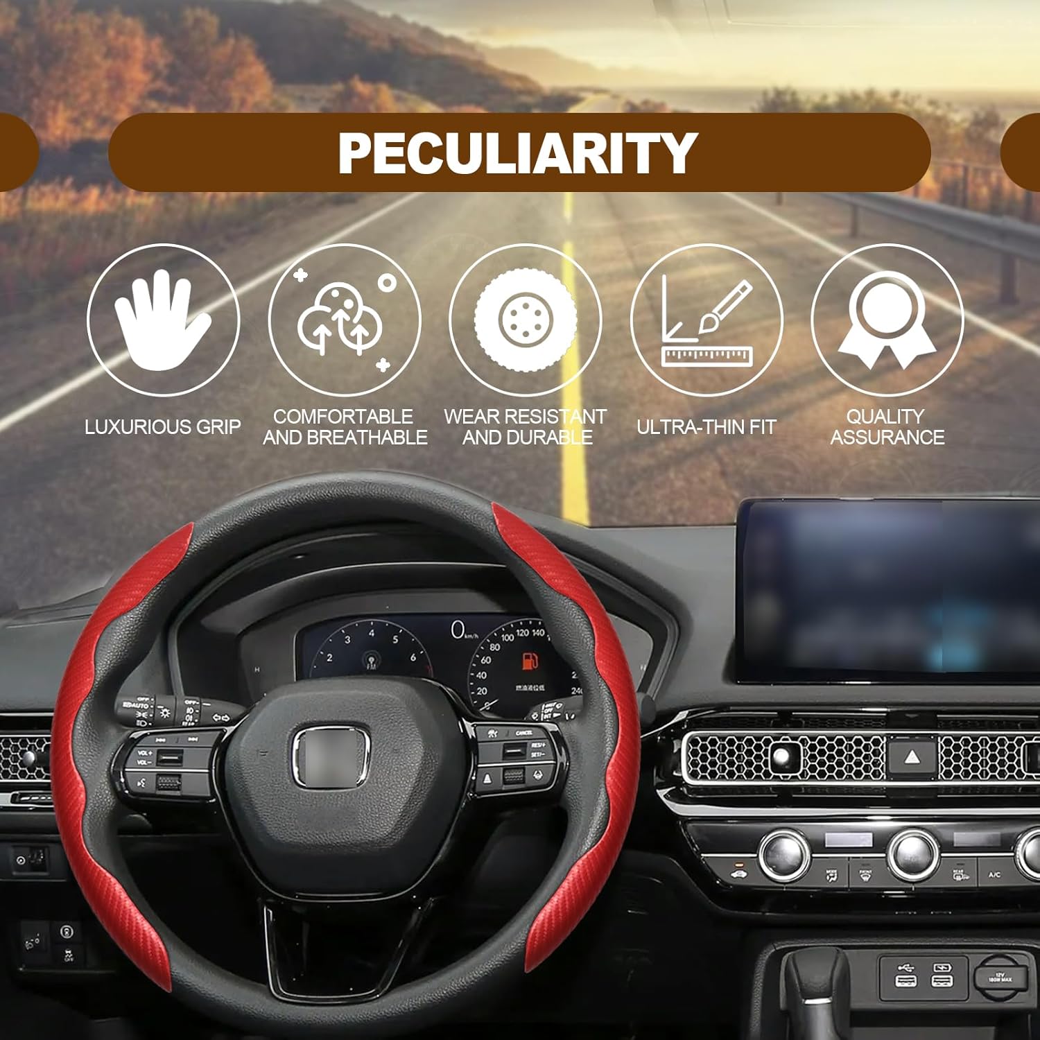Accesorios interiores del coche Cubierta del volante de mariposa Cubierta de volante antideslizante de fibra de carbono del coche (rojo)