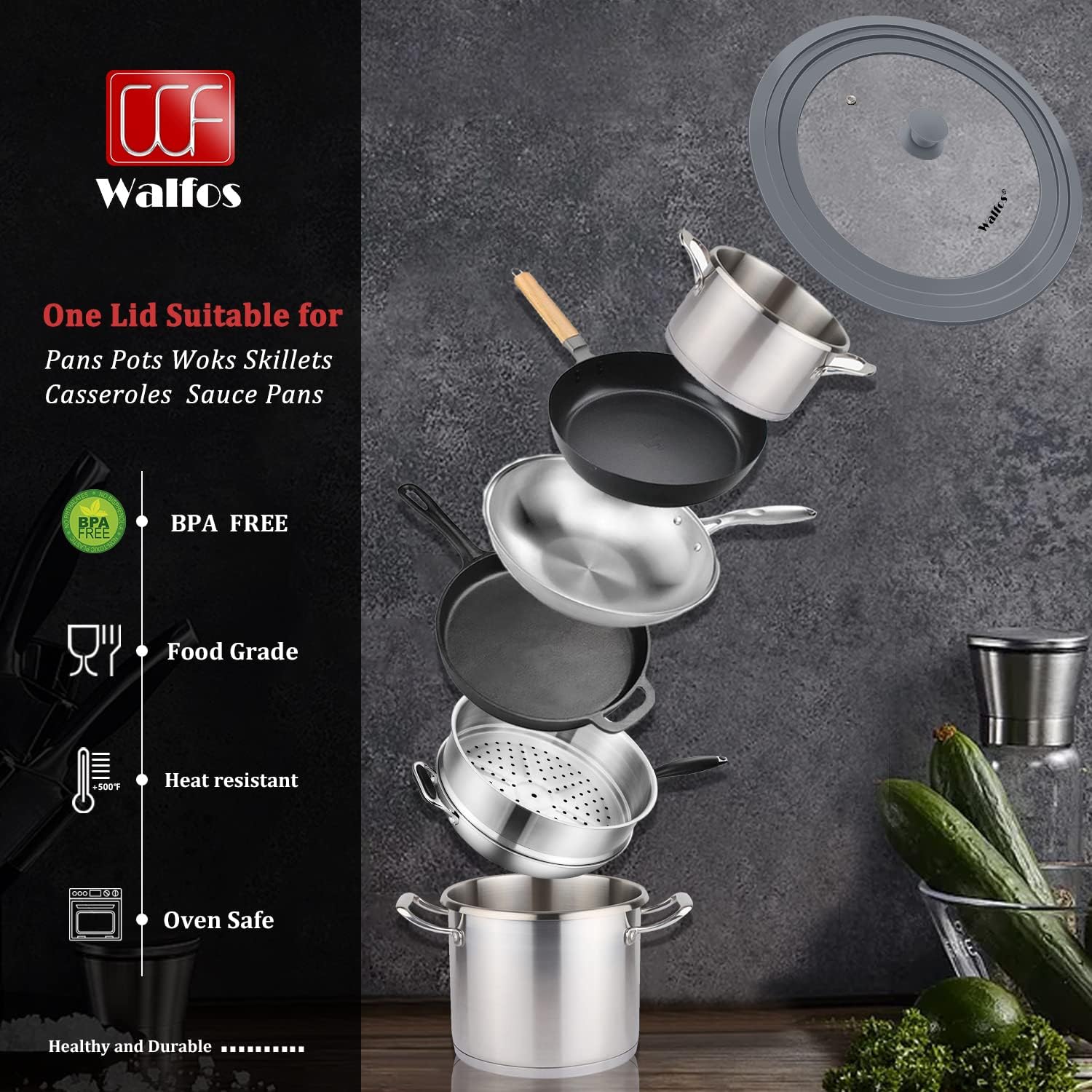 Walfos Tapa universal para utensilios de cocina de 10.5, 11.5 y 12 pulgadas de diámetro, se adapta a ollas, sartenes y sartenes. Tapa de sartén de
