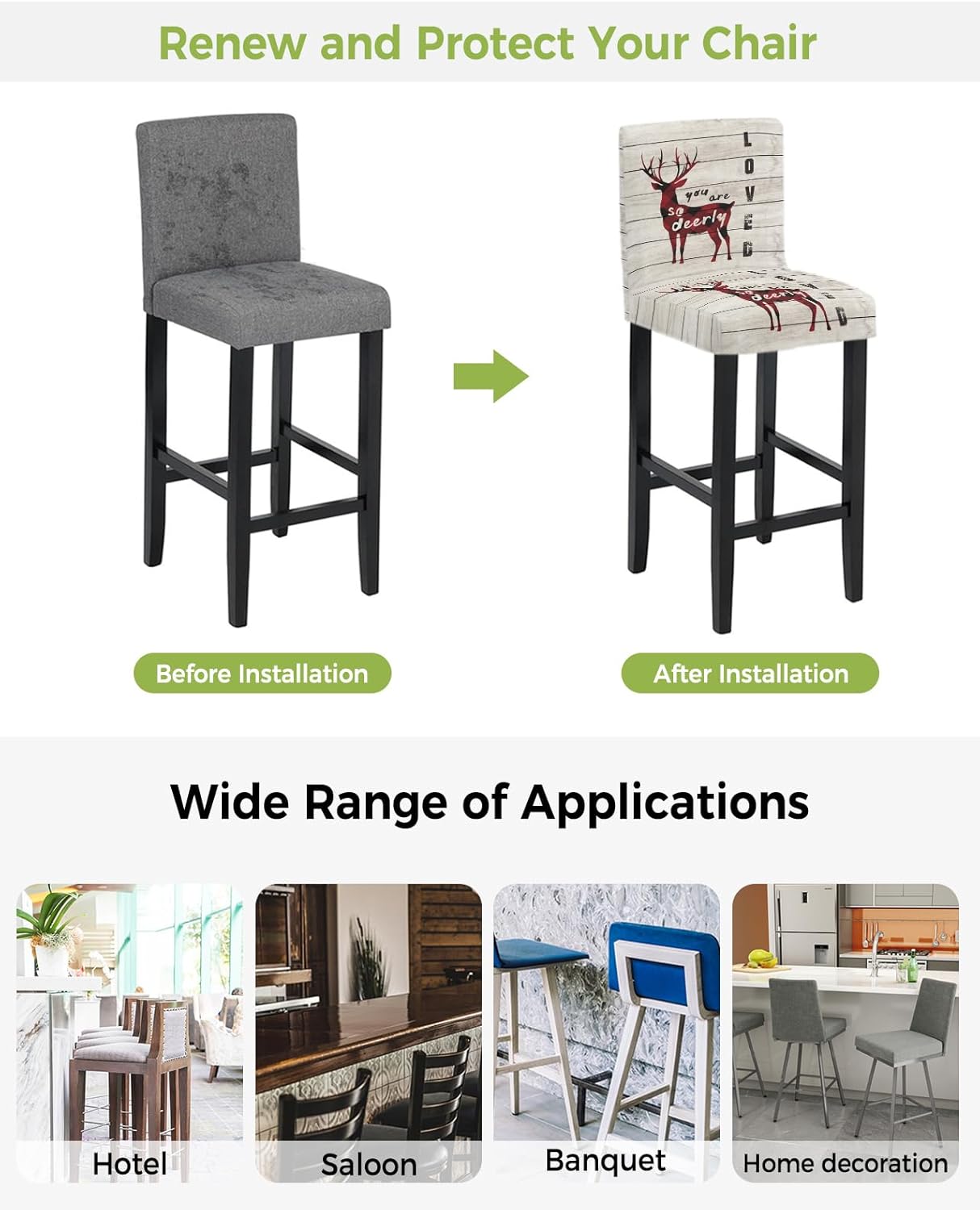 Bar Stool Covers Reindeer Shape Stretch Removable Bar Chair Cover I Love You Red Buffalo Check Plaid Wooden Counter Slipcovers for Kitchen Pub