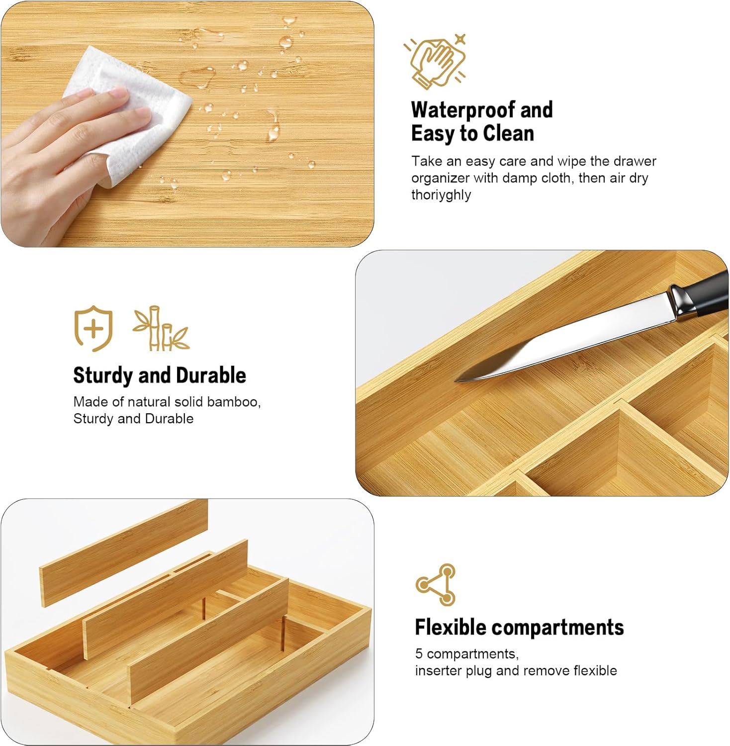 Organizador de cajones de cocina de bambú, organizador de cubiertos para cajones de cocina, bandeja de utensilios y almacenamiento de cubiertos para
