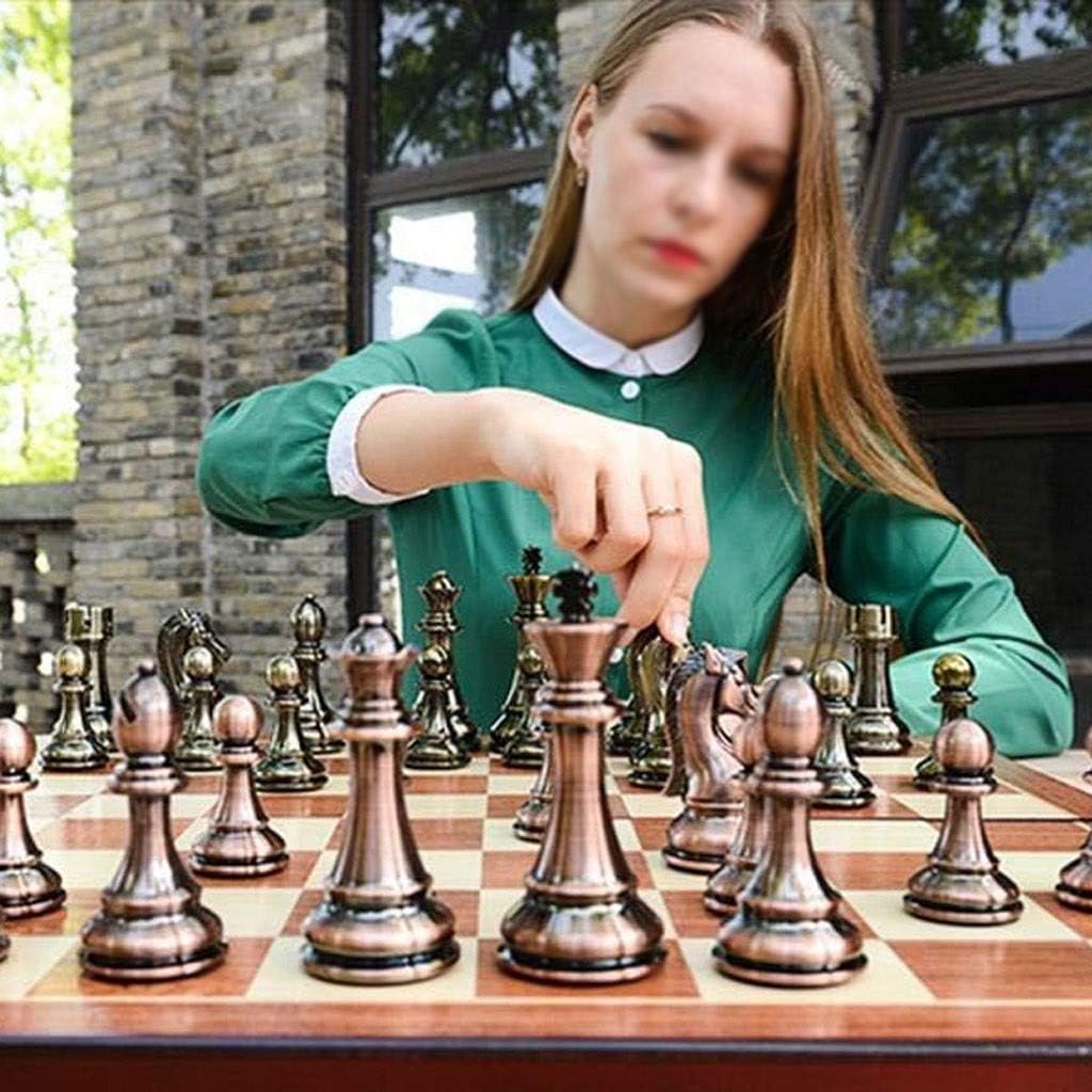 ROLTIN Chess Set Gift Large Metal Deluxe Chess Retro Copper Plated Alloy Chess Adult Set Board Game Portable Wooden Box Storage Folding Chess Set