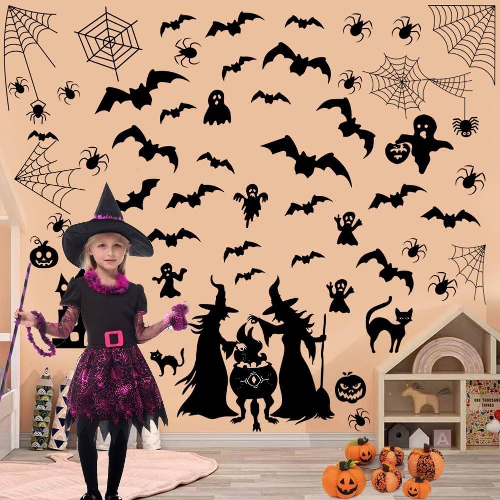 Calcomanías de pared de bruja de Halloween, calcomanía de pared de casa embrujada de Halloween, calcomanía de pared de murciélagos y luna,