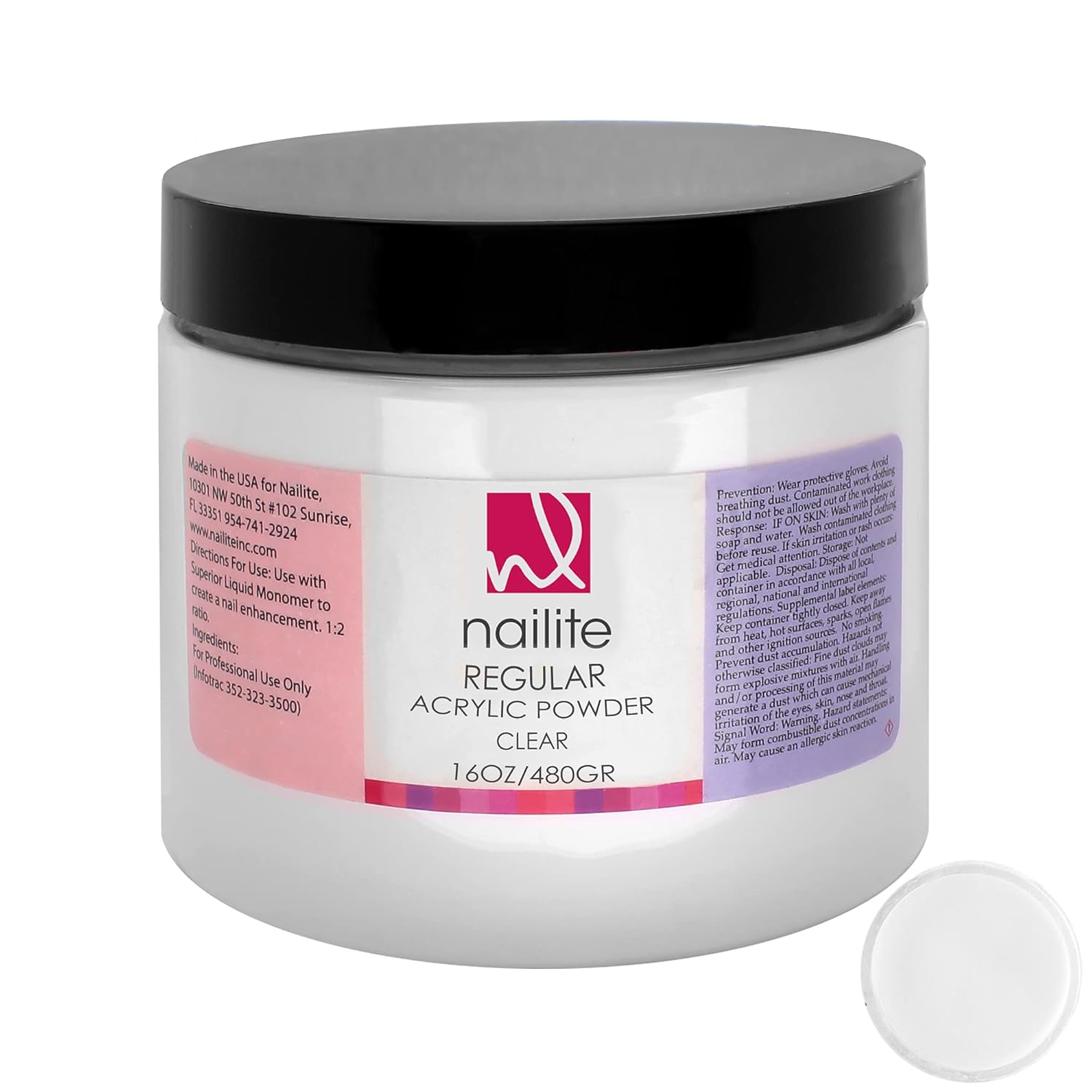 Nailite Regular – Polvo acrílico profesional para extensión de uñas, sistema de ajuste lento, fórmula EMA y efecto no amarillento, transparente (16