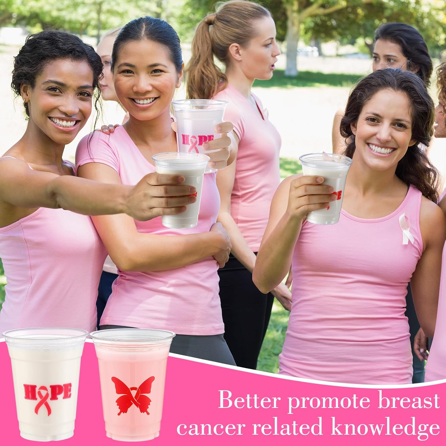 200 vasos de plástico para concientización del cáncer de mama, vasos desechables a granel, vasos de plástico transparente de cinta rosa, vasos de