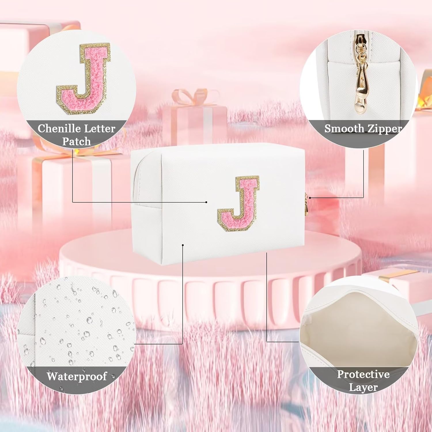 Pequeña bolsa de maquillaje personalizada, bonita bolsa de maquillaje de piel sintética con letras de chenilla, bolsa de cosméticos de viaje, bolsa