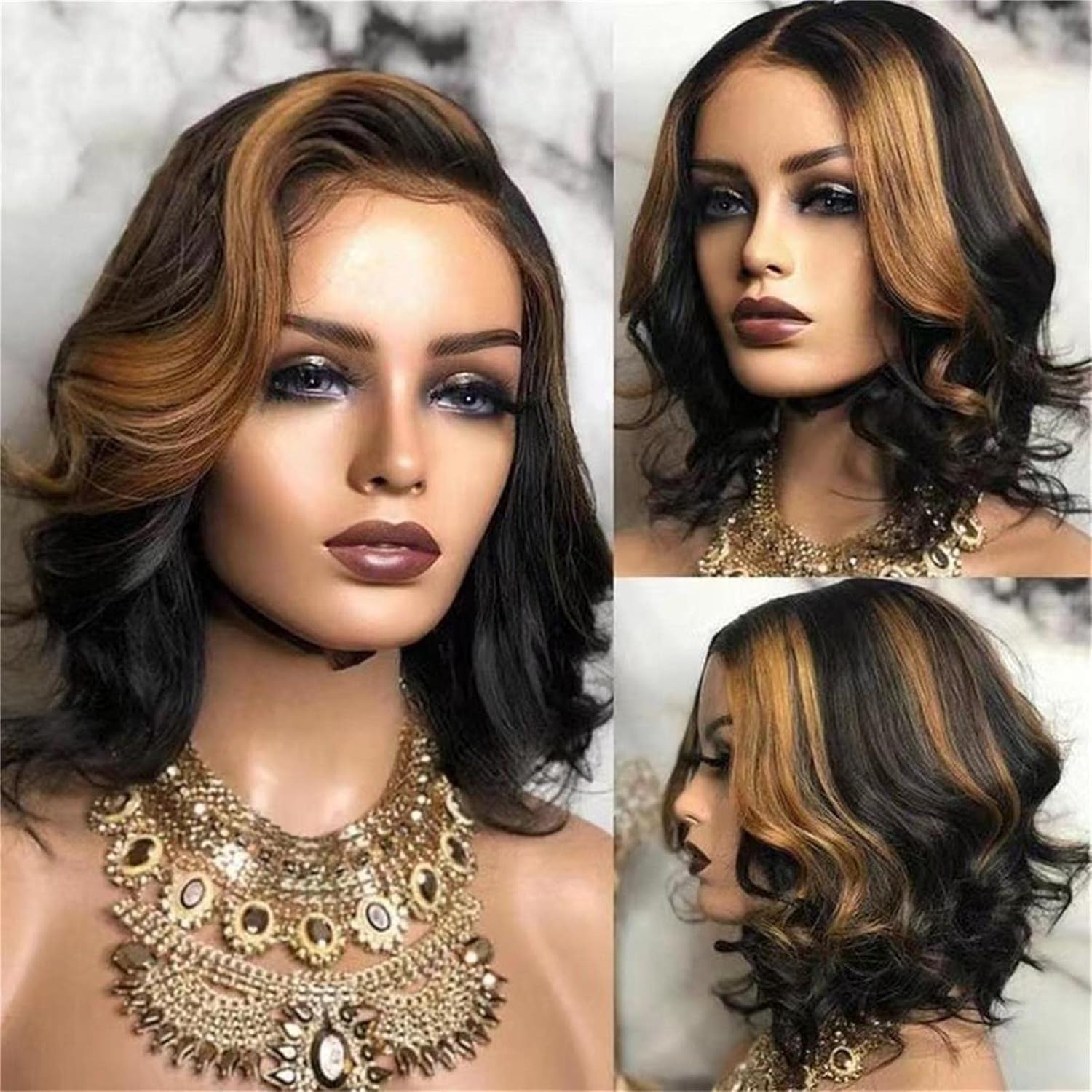 Peluca corta de encaje frontal, pelucas sintéticas Bob onduladas negrorubio, línea de cabello natural, 160% de densidad, cabello balayage, color