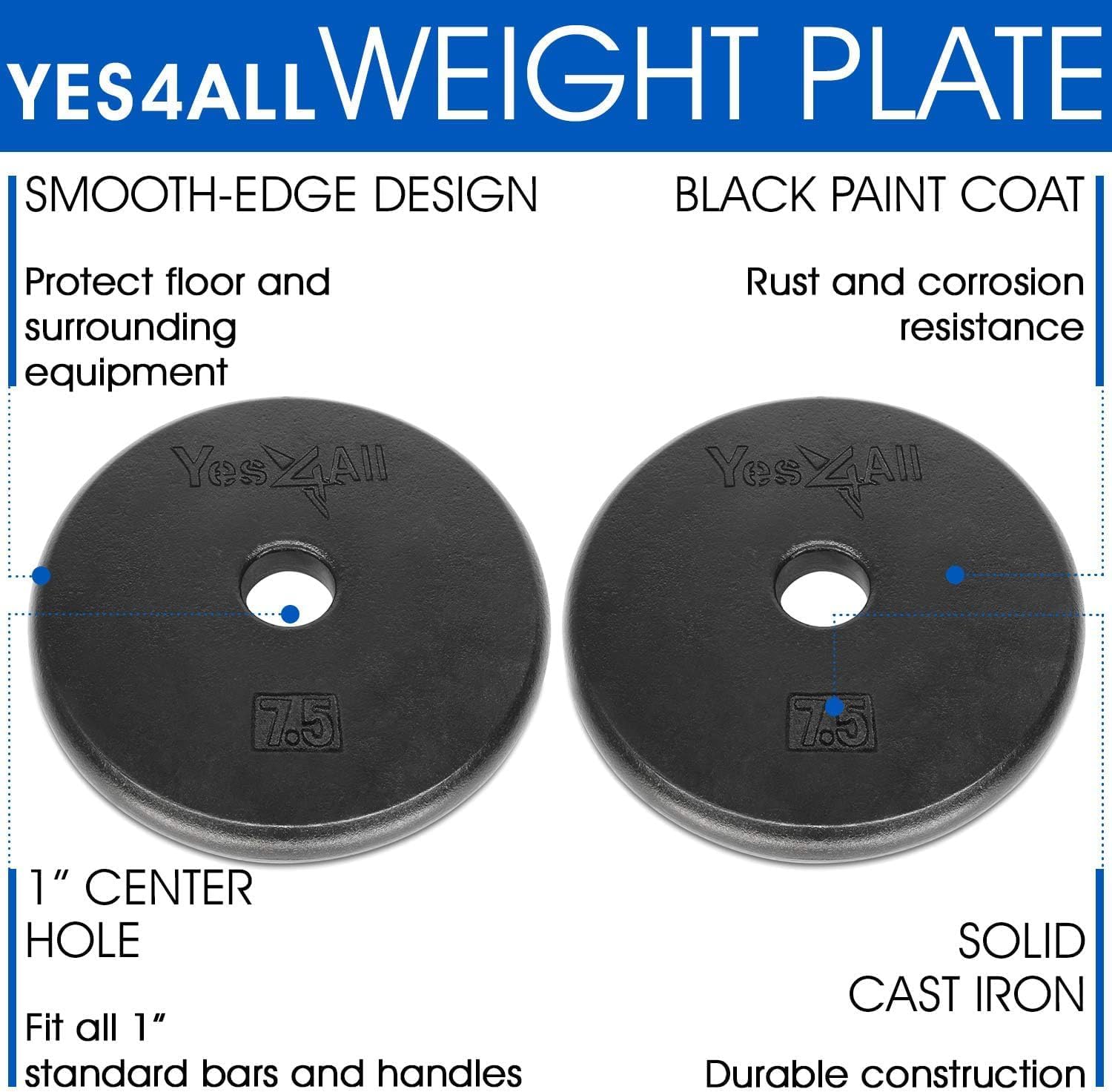 Yes4All – Platos de peso estándar de hierro fundido de 1, para 5, 7.5, 10, 15, 20, 25 libras (individual y par)