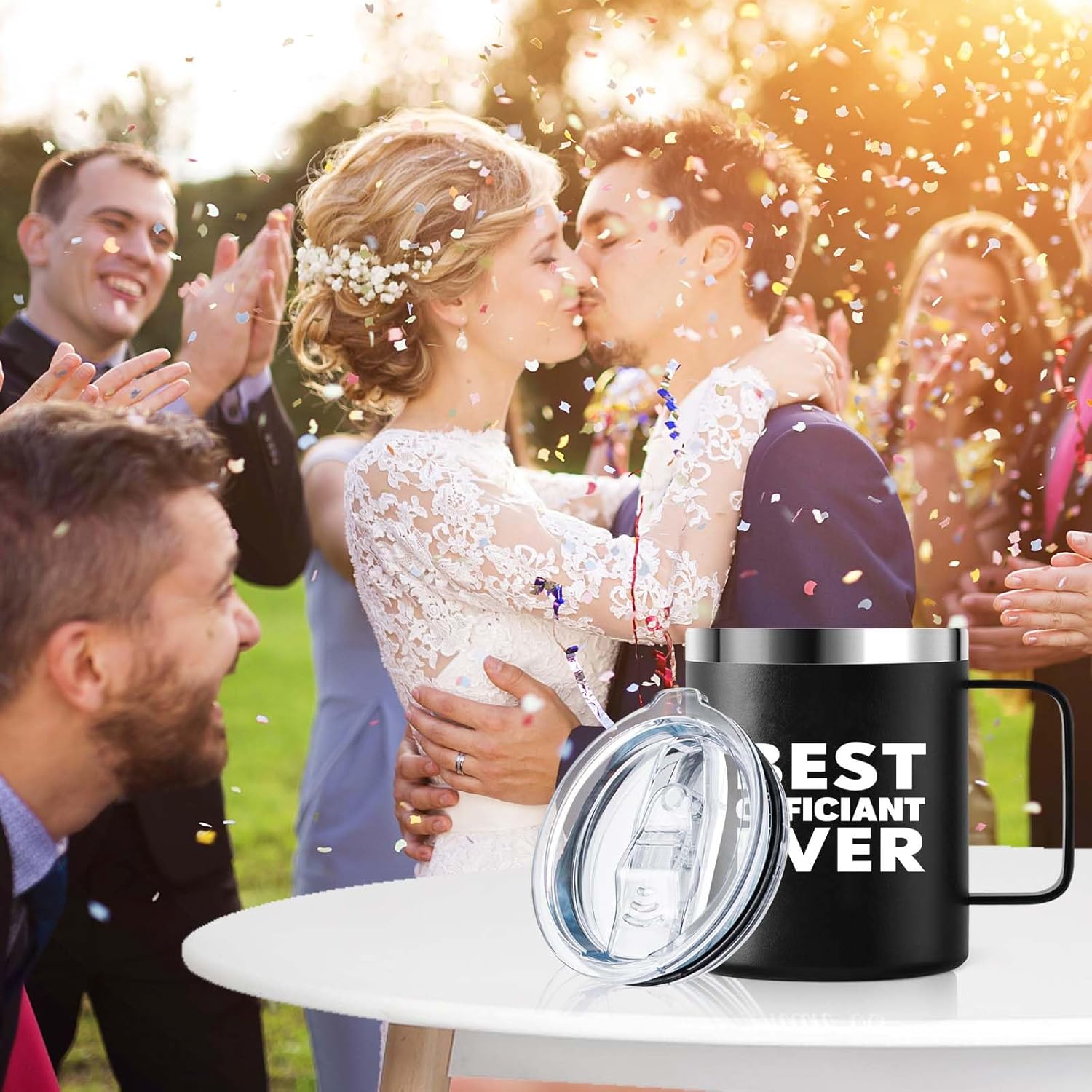 Mejor oficial de bodas de novios  Taza de café aislada de regalo oficial de boda de aniversario  12 onzas con asa y tapa, acero inoxidable 304 tazas