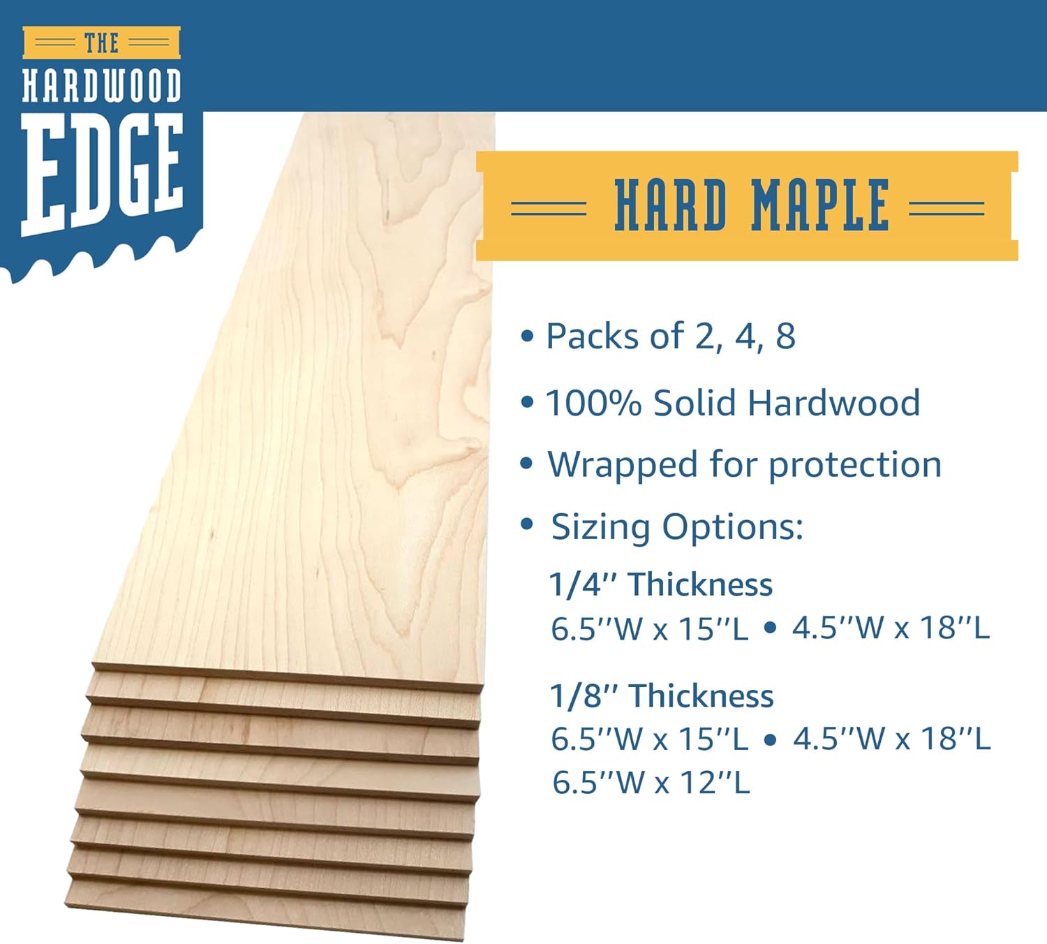 The Hardwood Edge Tablones de madera dura de arce, paquete de 4 unidades de madera de arce dura para manualidades de madera sin terminar, 18