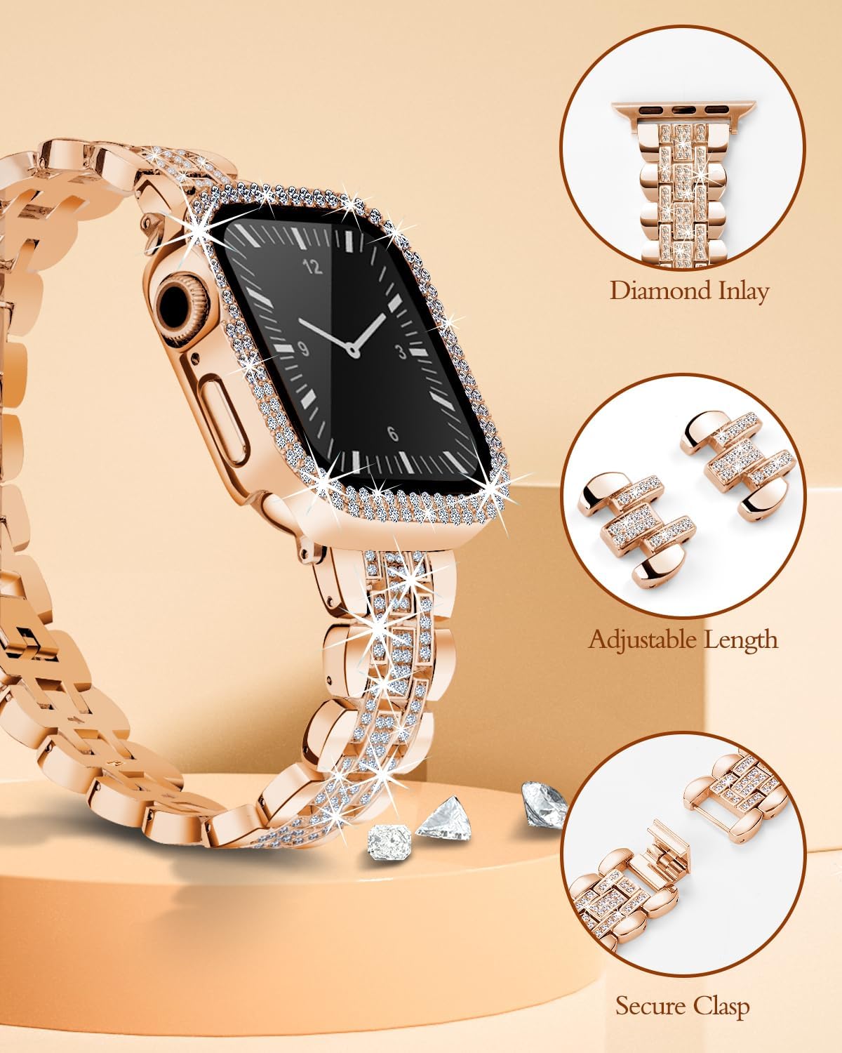 Compatible con Apple Watch Band de 1.575 pulgadas (1.575 in) para mujer, bandas brillantes de repuesto de joyería de diamante, pulsera de metal