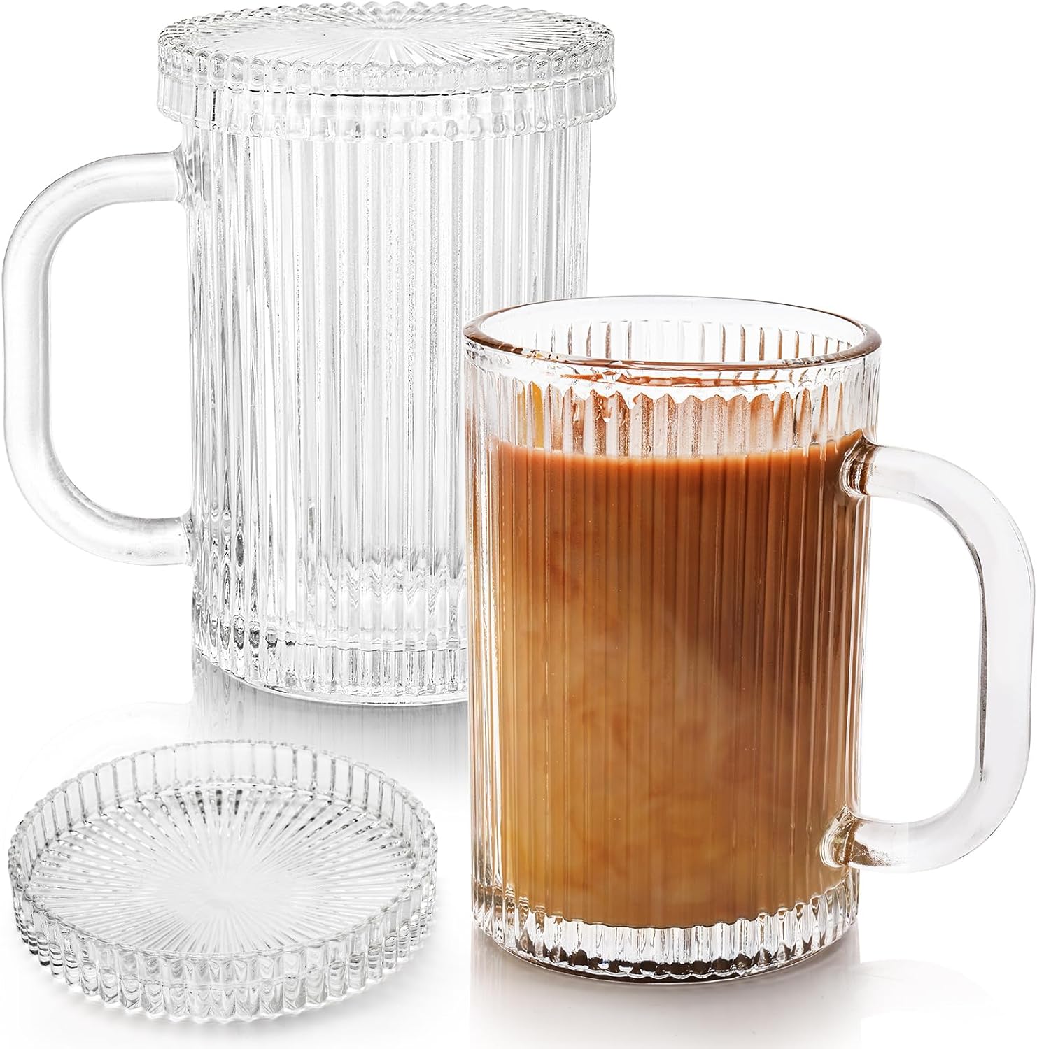 Noamus Paquete de 2 tazas de café con tapa de vidrio, taza de té de rayas verticales clásicas transparentes de 13 onzas, juego de cristalería