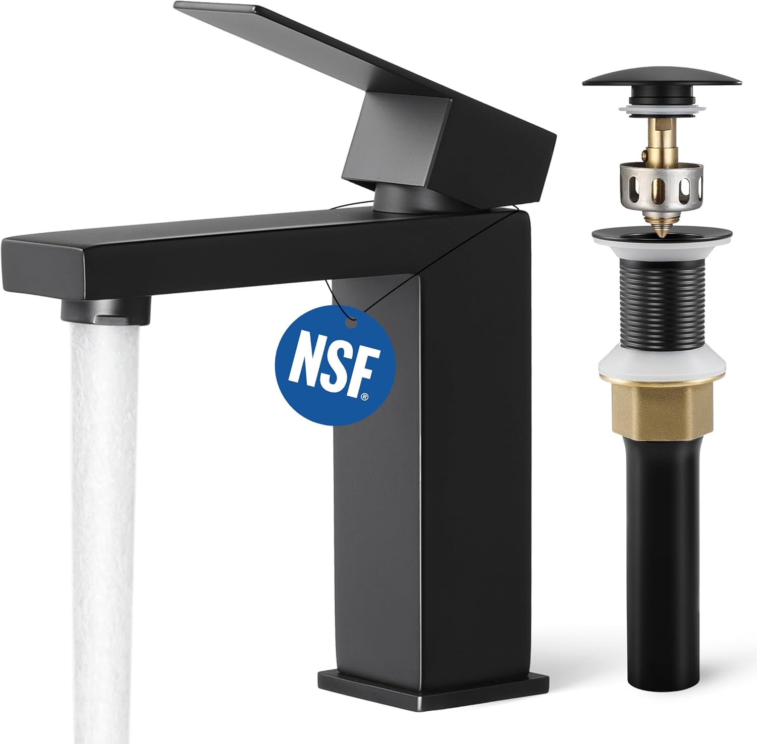 KES Black Bathroom Faucet & Bathroom Sink Drain Without Overflow, Single Handle Type Faucet with Pop Up Drain Stopper Stainless Steel Matte Black,