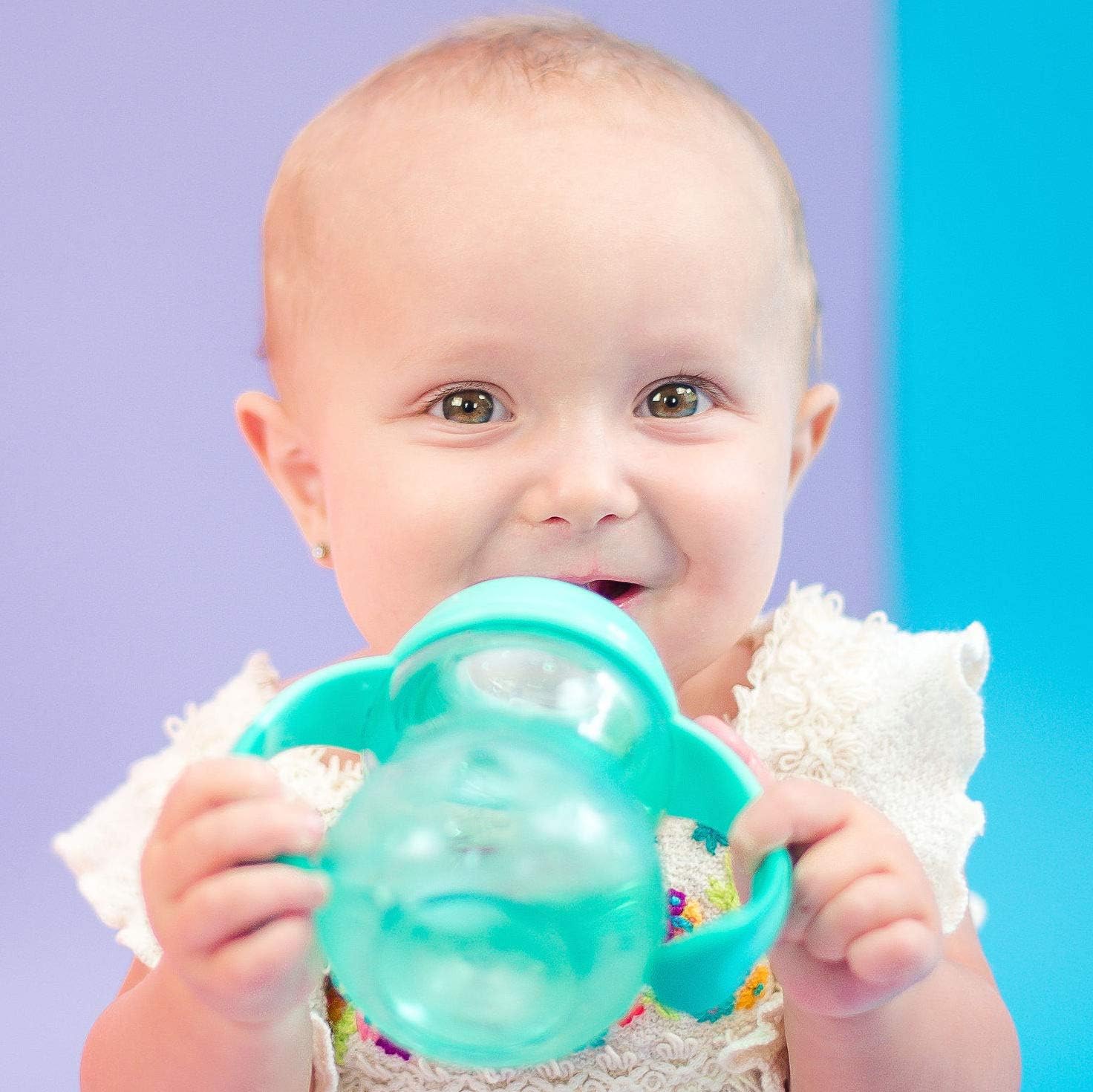 Nuby Botella de cuello ancho Tritan de 3 etapas Grow with Me sin derrames, 8 onzas, 2 unidades, rosaverde azulado