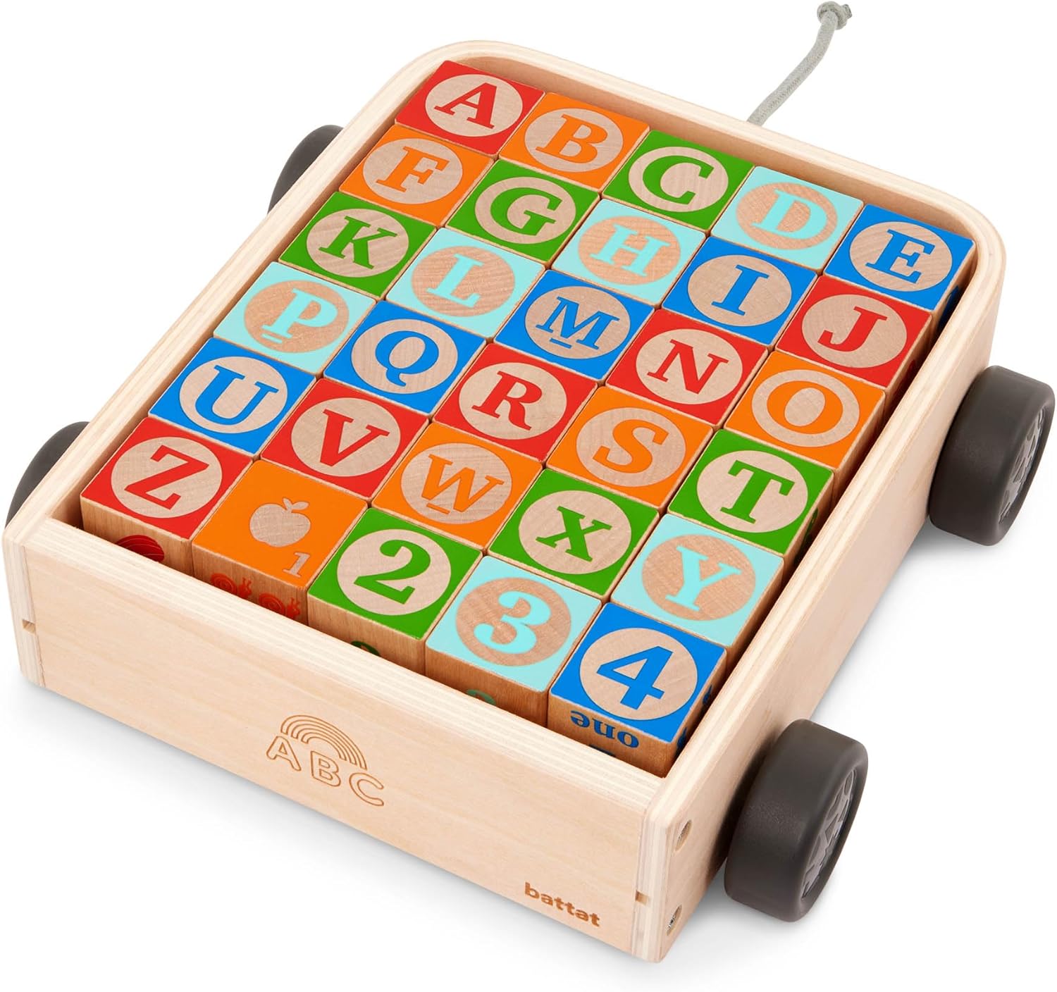 Battat Carro de madera ABC Block Wagon- 26 bloques del alfabeto en caja superior e inferior y número con carro de almacenamiento – Juguete apilable