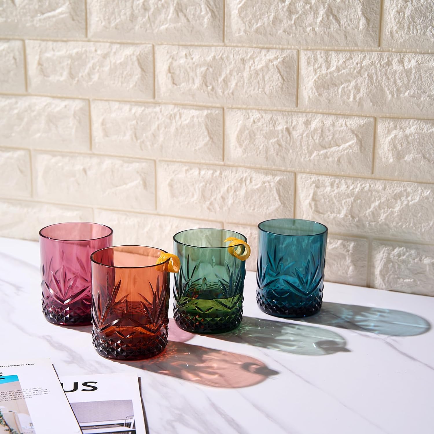 Vasos irrompibles de plástico Tritan para cóctel, whisky, agua y vino  Juego de 4 vasos  Rocas reutilizables a la antigua, colores pastel acrílicos