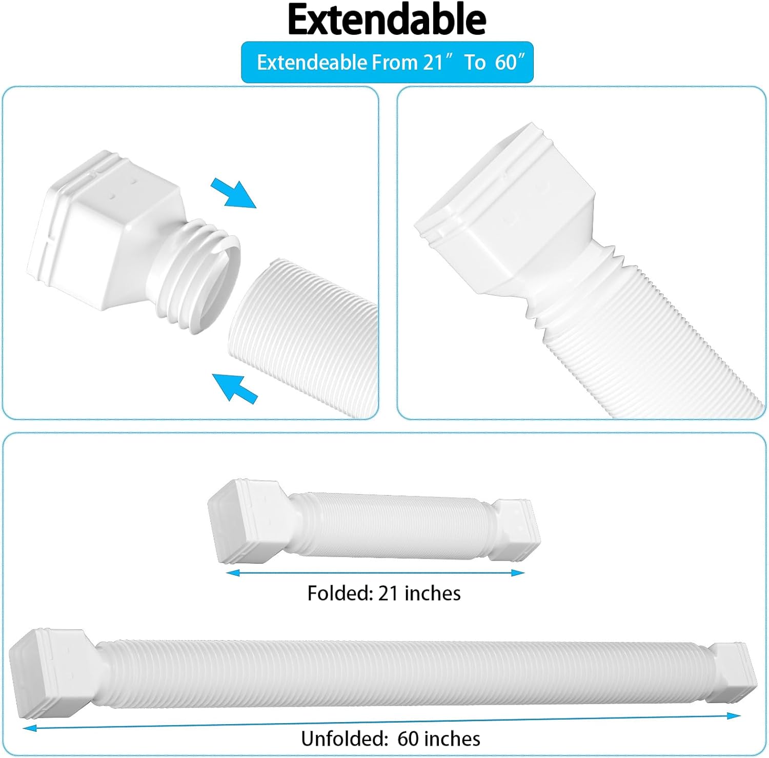 HAHOME Paquete de 2 extensiones flexibles de canaleta de lluvia, conectores extensores de drenaje de 21 a 60 pulgadas con tornillos, color blanco