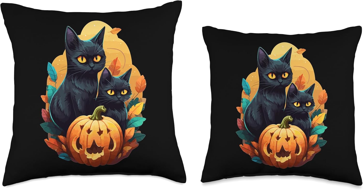 Helloween Cat Costume And Horror Costume Designs Halloween Costume Ladies with Pumpkin and Black Cat Throw Pillow, 18×18, Multicolor