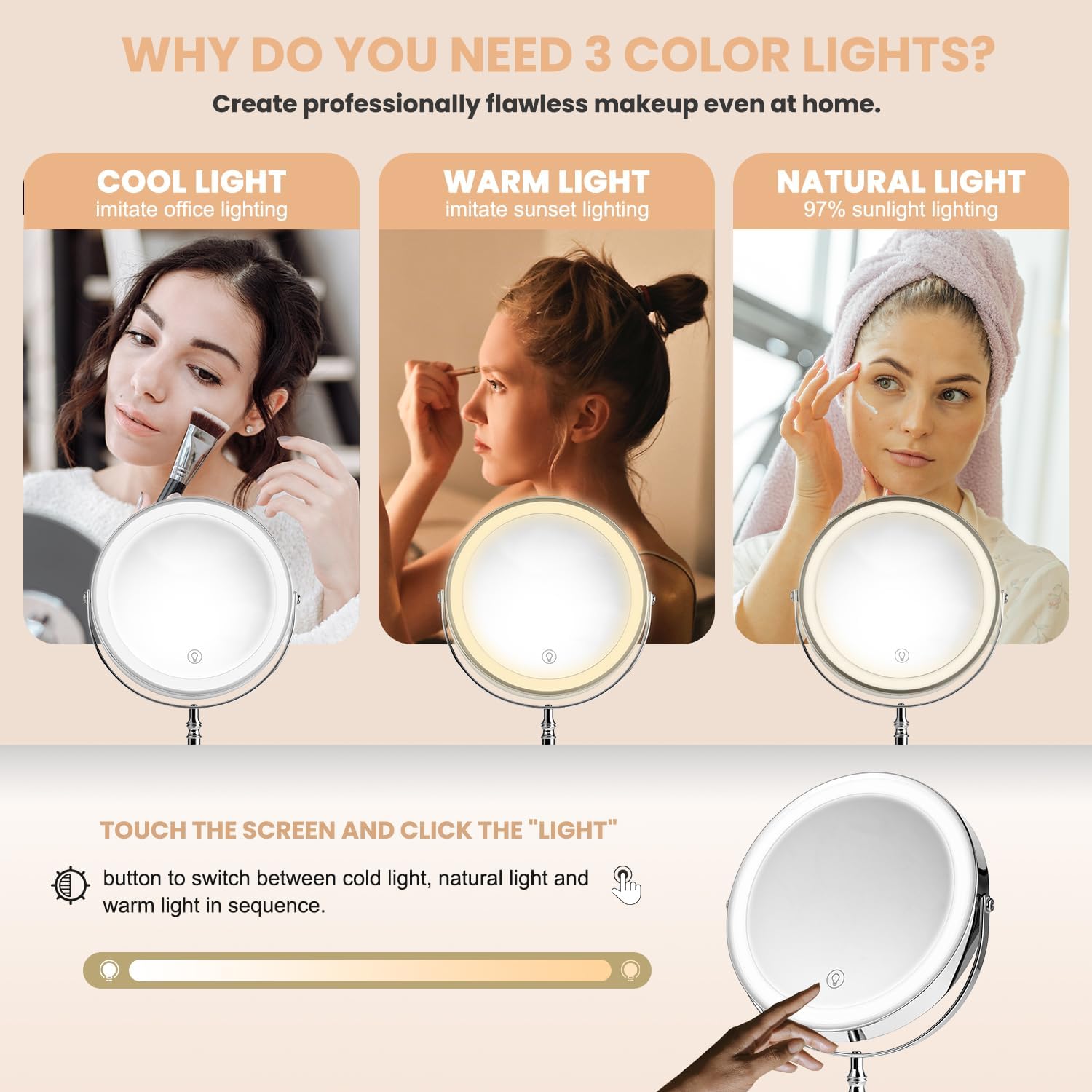 VERSAINSECT – Espejo de maquillaje con luces LED, pantalla táctil regulable con iluminación de 3 colores, espejo de maquillaje ajustable con brillo
