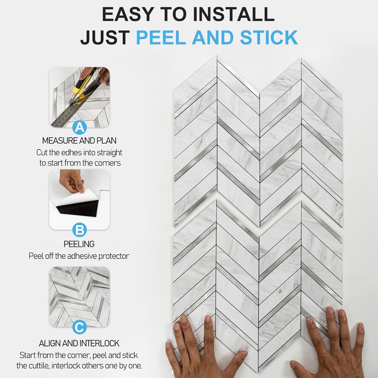 Pelar y pegar, 10 hojas de azulejos de pared de espiga para despegar y pegar de 12.1 x 9.7 pulgadas, azulejos de PVC para salpicaduras de cocina y