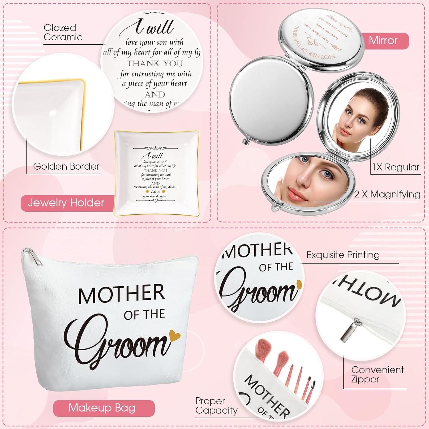 6 piezas de regalos para la madre del novio de parte de la novia, regalos de boda para suegra de 20 onzas, bolsa de lona, bolsa de maquillaje,