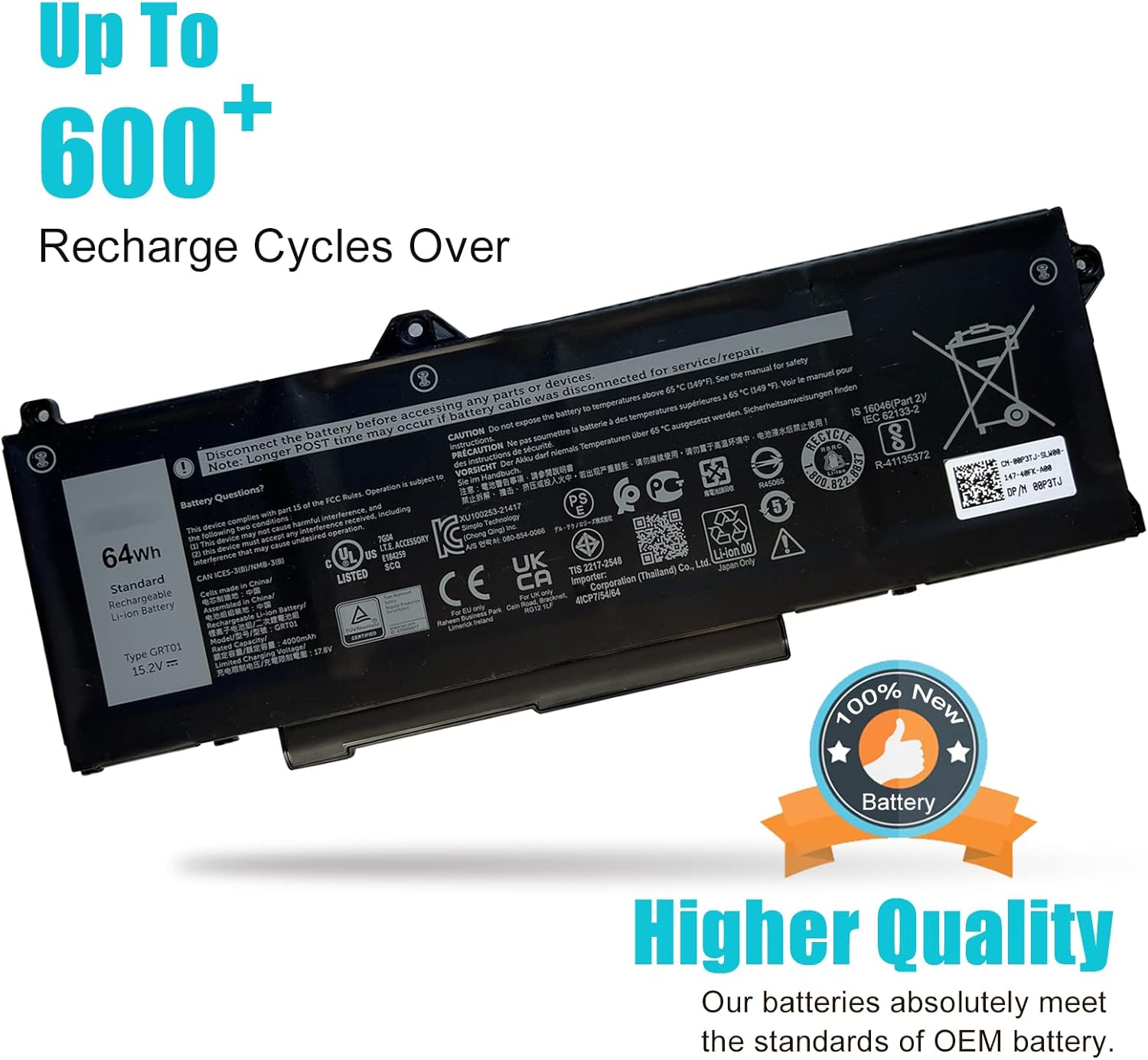 64Wh GRT01 – Batería de repuesto para laptop Dell Latitude 14 5421 5431 15 5521 5531 Precision 3470 3561 3571 Alienware m17 R5 AMD Series 0R05P0