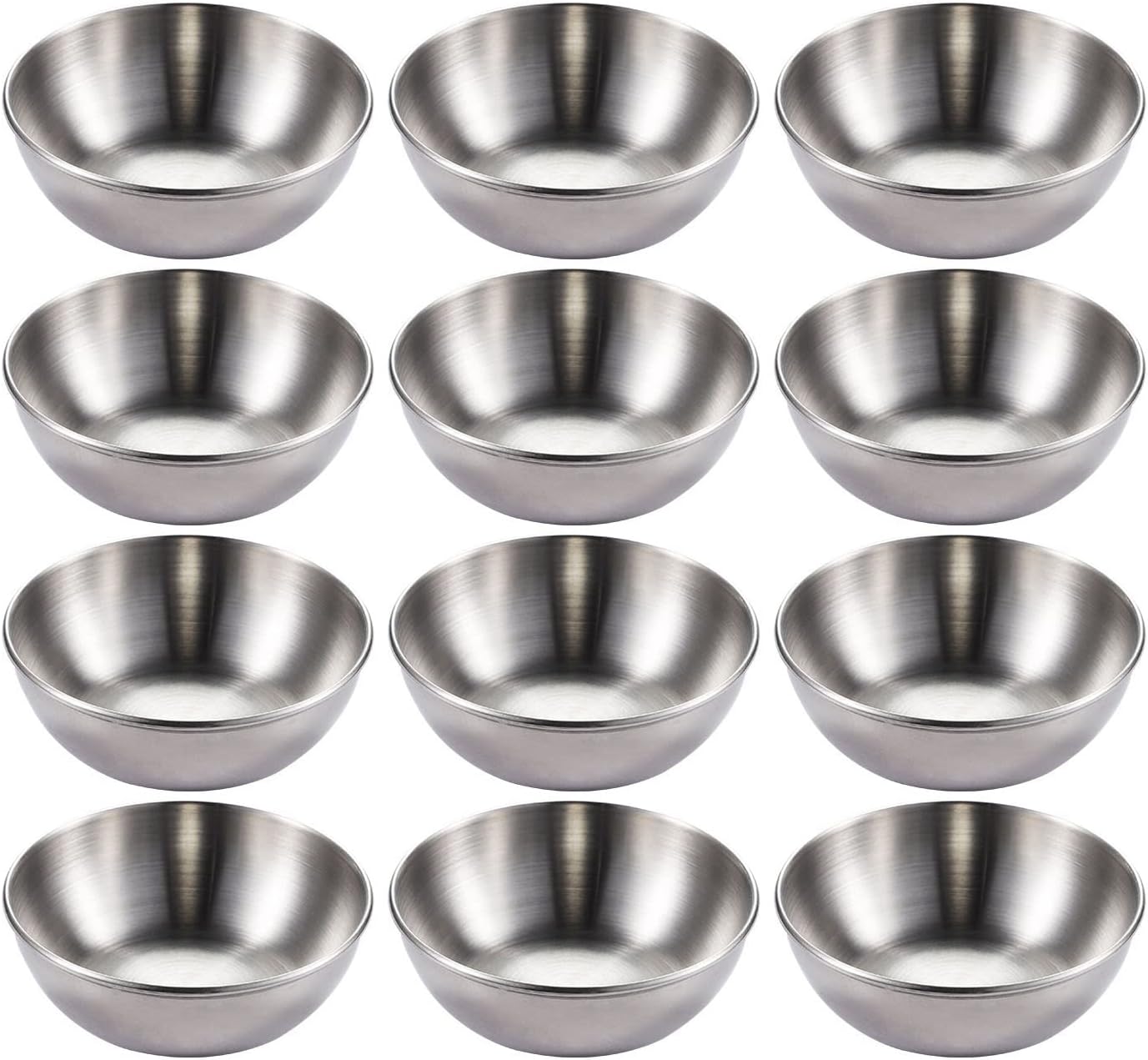 Platos de salsa, 12 cuencos de acero inoxidable de 3.46 pulgadas, mini platos individuales redondos para condimentos, platos para sushi (plateado)