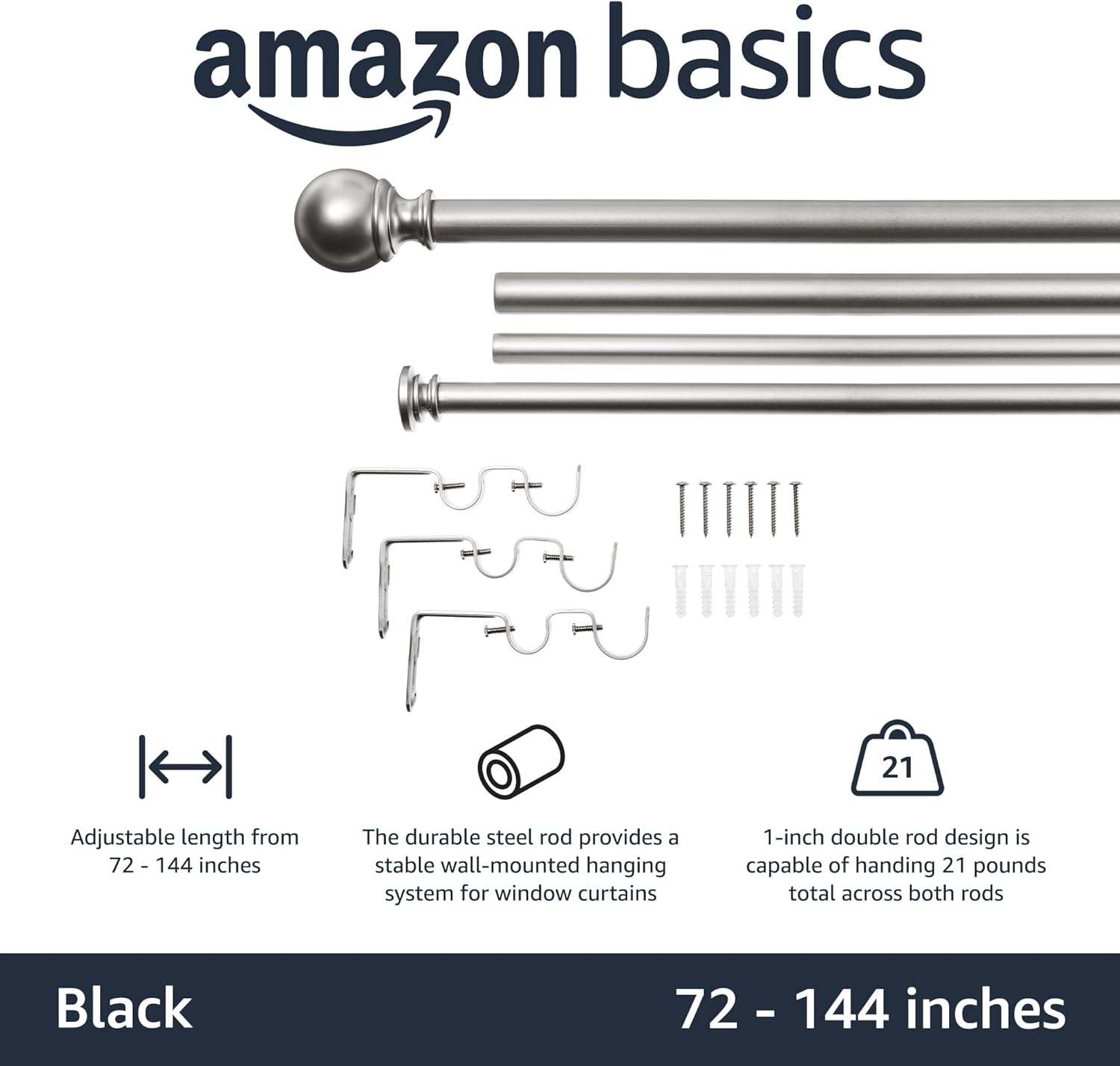 Tienda Basics – Juego de varillas de cortina extensibles dobles de 1.0in con remates redondos, 72″ a 144″, níquel