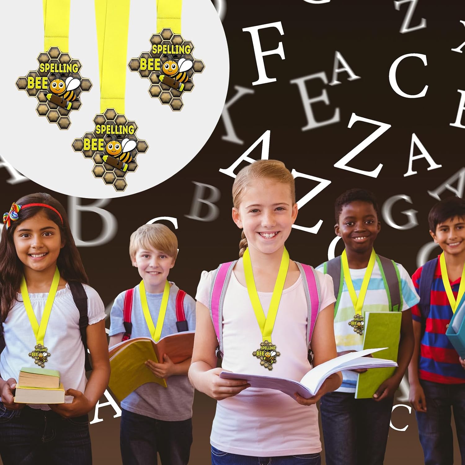 Zonon 12 medallas de panal de abeja de ortografía a granel con cinta para el cuello, medallas de premio de abeja, de 3.23 x 3.15 pulgadas, trofeo de