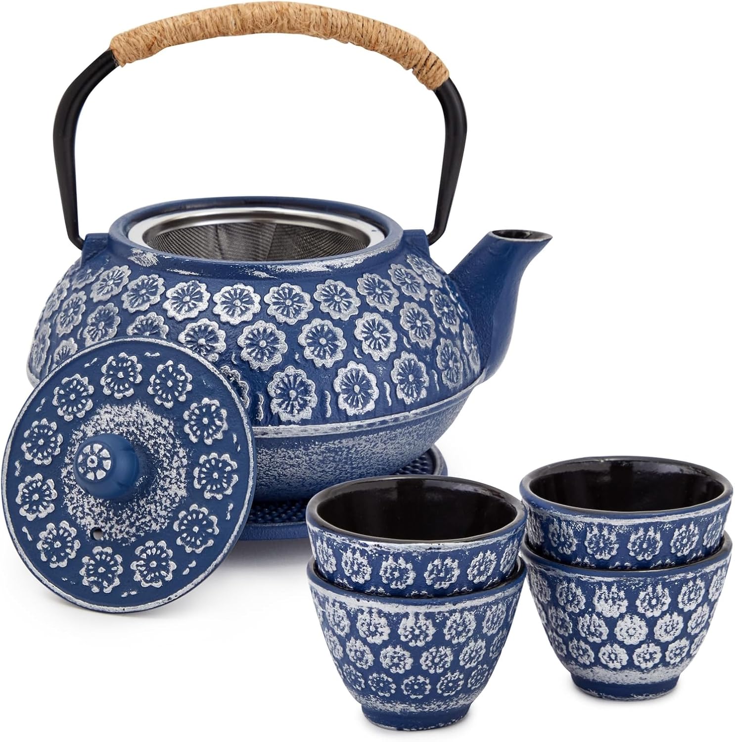 Juvale Juego de 6 teteras japonesas de hierro fundido con infusor, 4 tazas de té y salvamanteles (32 onzas, azul)