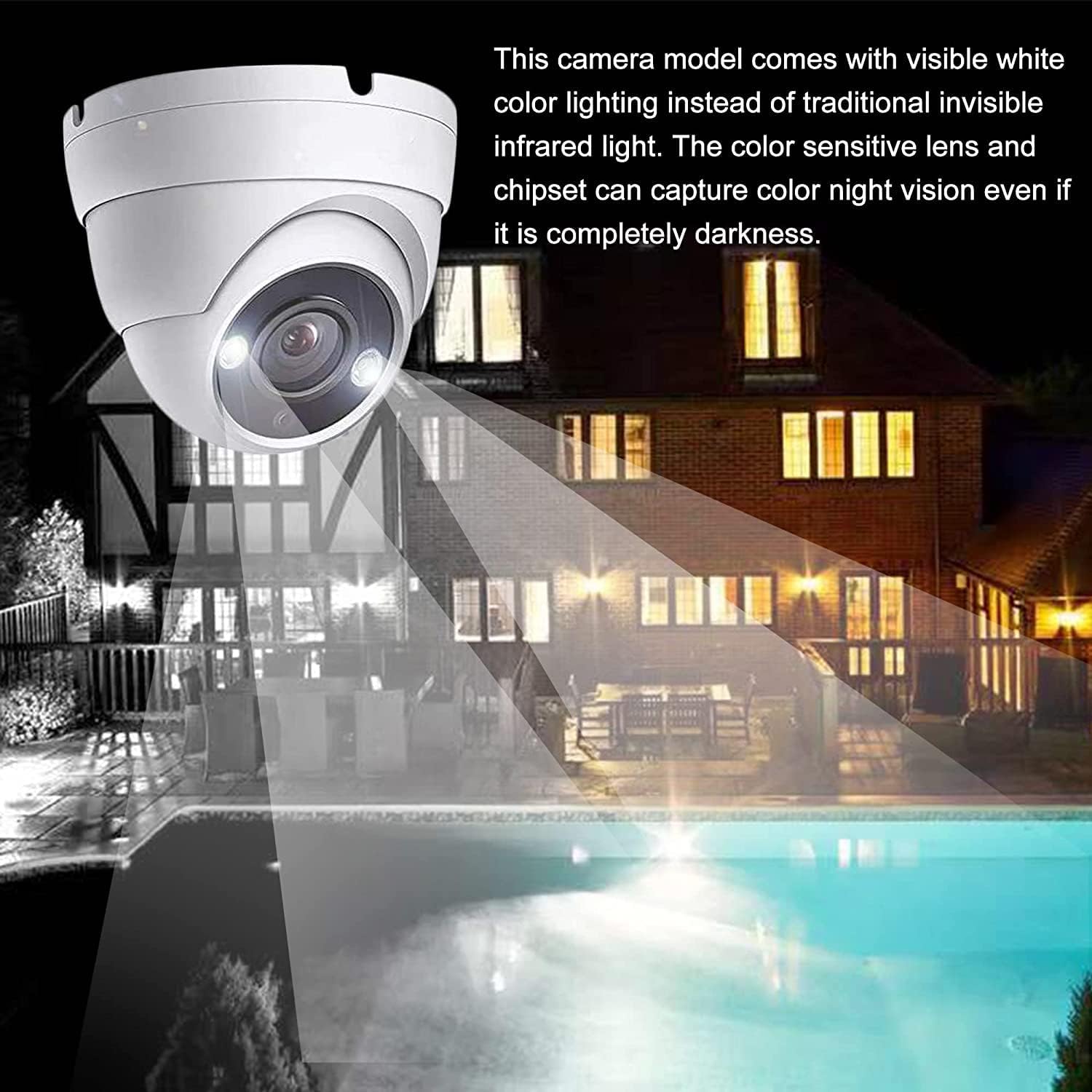 Real HD Cámara de seguridad CCTV domo de visión nocturna a todo color de 5MP con luces LED blancas visibles, visión nocturna de 65 pies, ángulo de