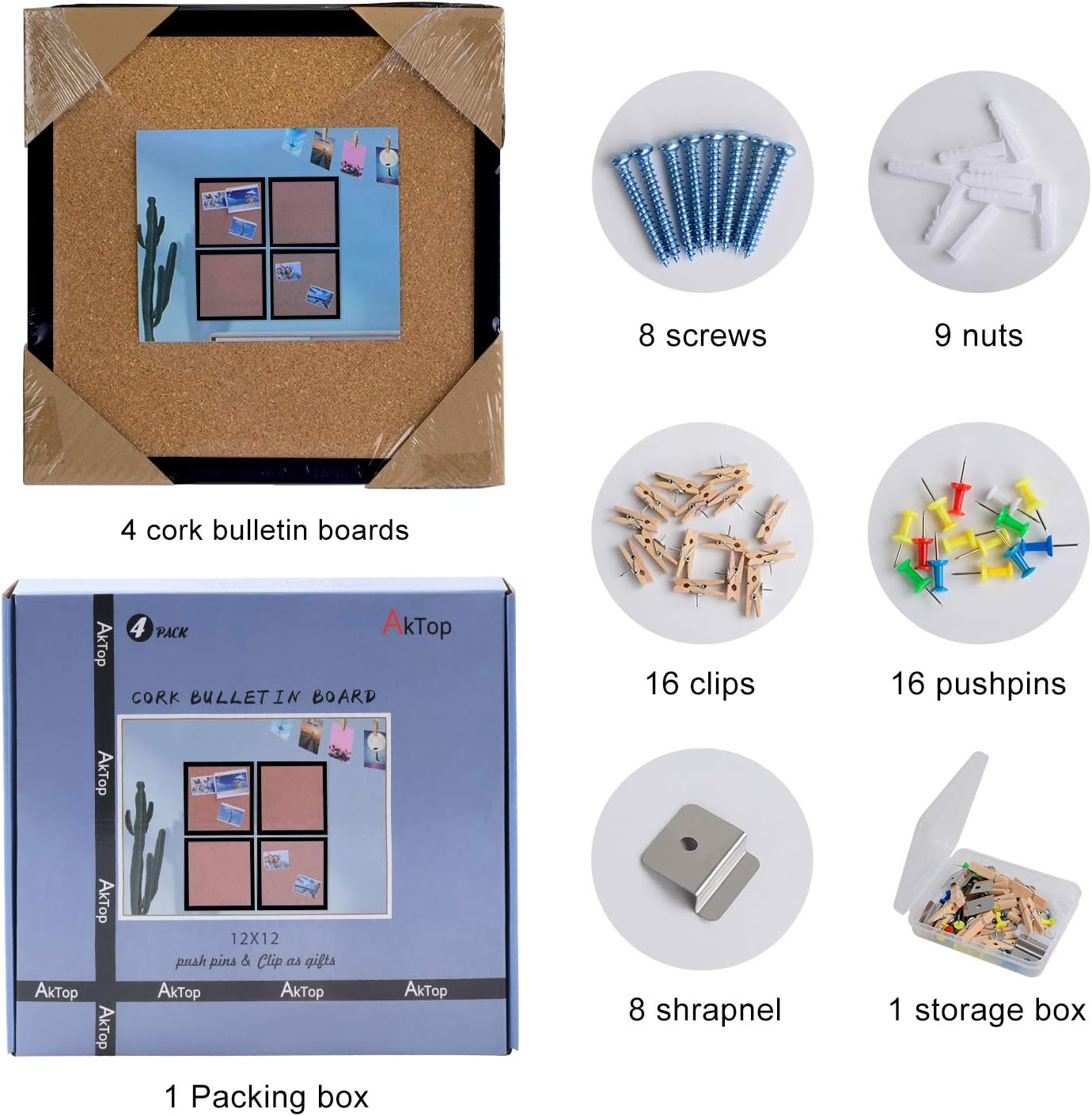 AkTop Tablero de anuncios de corcho de 12 x 12 pulgadas, tablero de corcho enmarcado negro, paquete de 4 unidades, pequeño tablero cuadrado para
