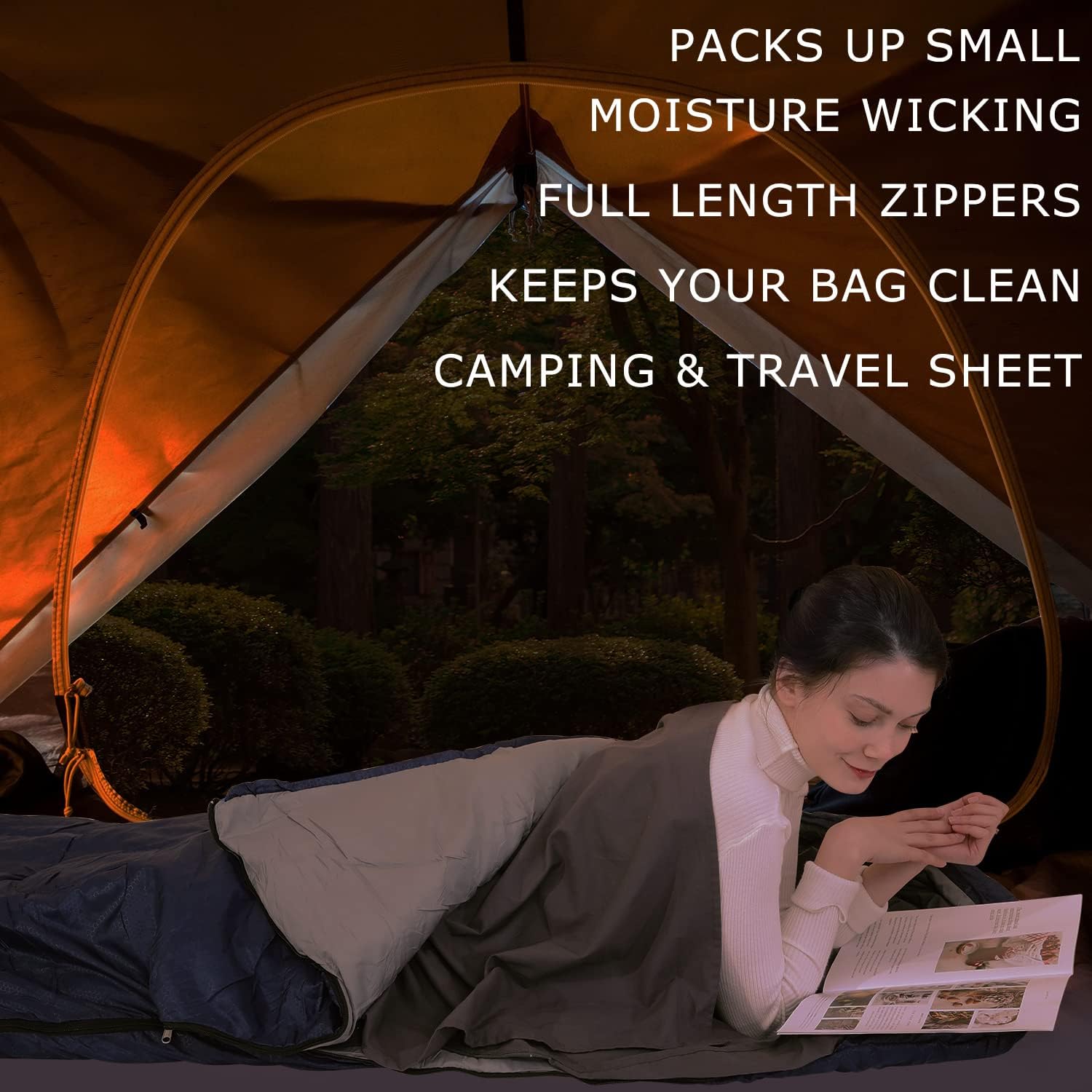 Forro para saco de dormir 100% algodón con cremalleras completas, saco de dormir grande de 87 x 43 pulgadas para adultos para viajes y campamentos,