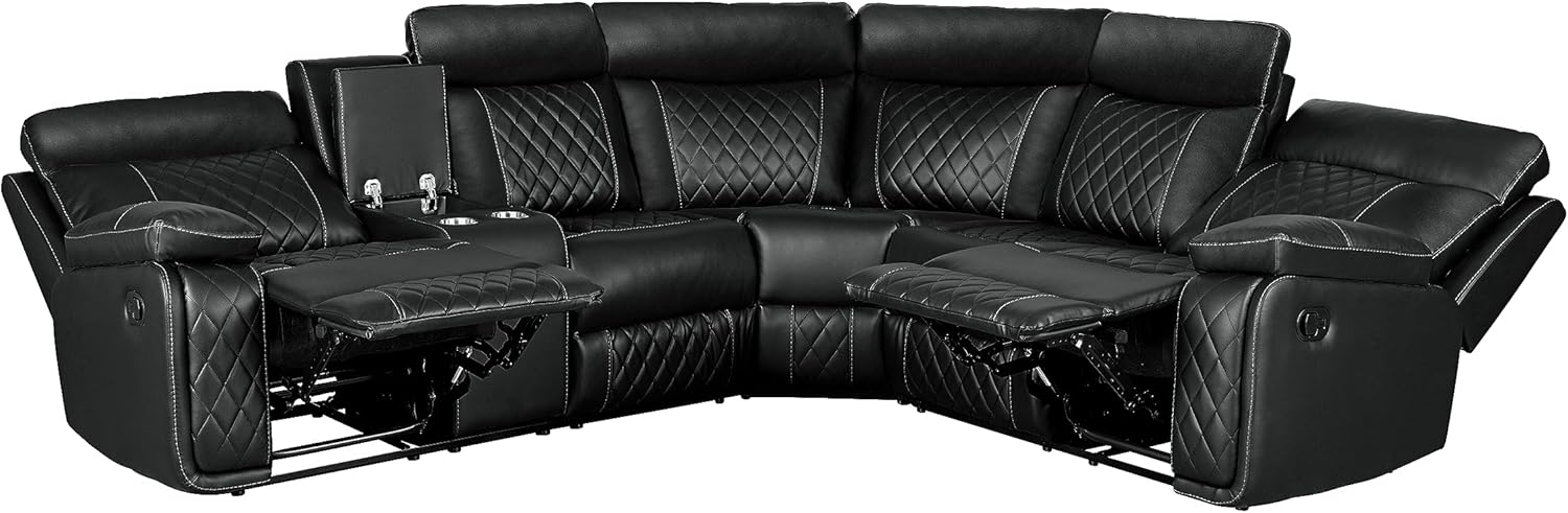 Juego de sofá seccional simétrico de PU, moderno, almacenamiento oculto, sofá esquinero reclinable manual con consola central y portavasos para sala