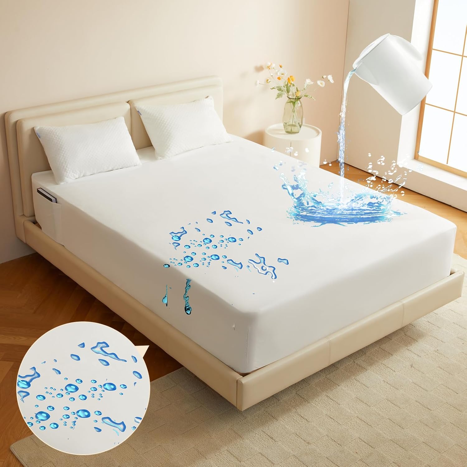 Sábana bajera de tamaño matrimonial, sábana bajera impermeable con bolsillo extra profundo, duradera, sin arrugas, lavable a máquina, se adapta a