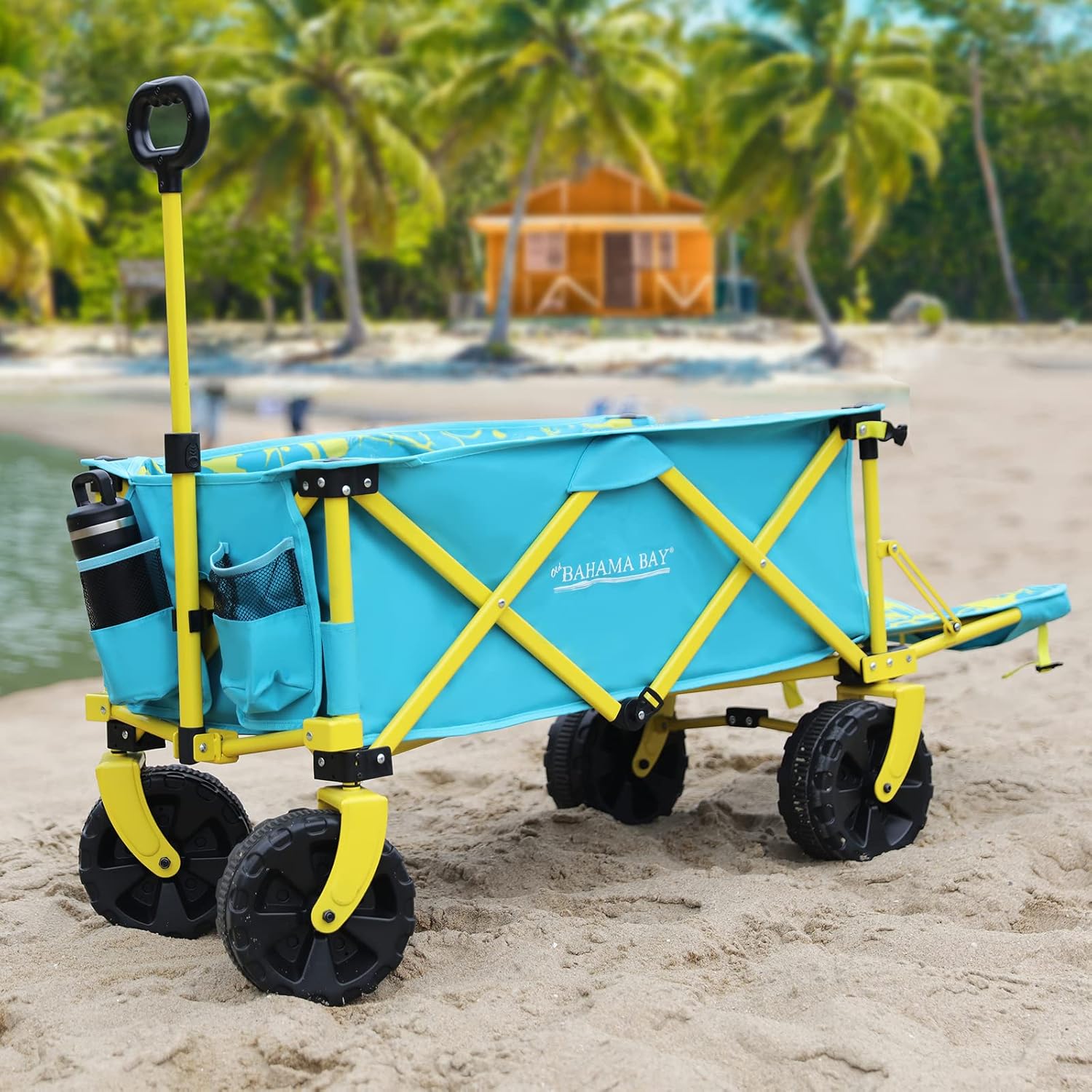 Carro de playa extra largo de 50 pulgadas con ruedas grandes para arena, carrito de playa plegable resistente, ideal para arena al aire libre,