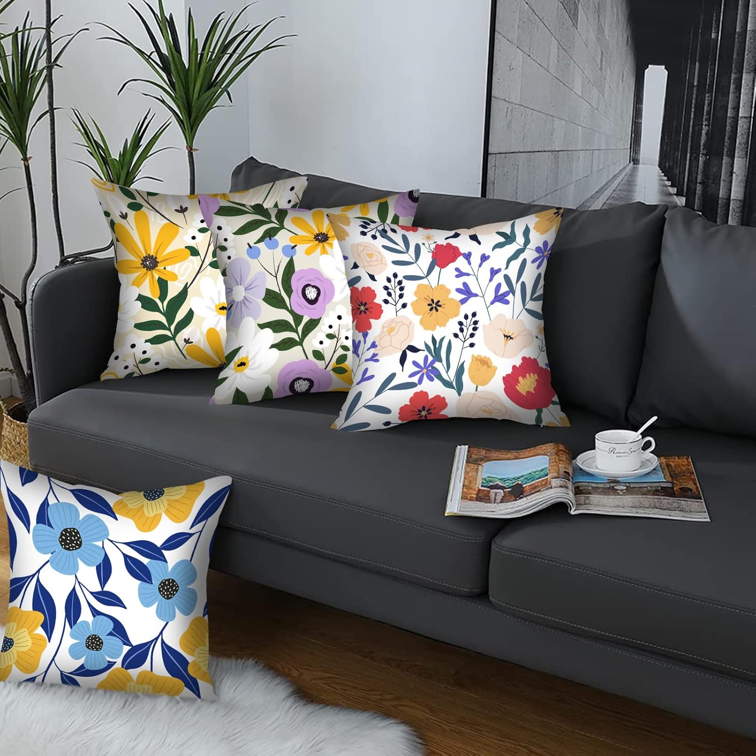 Nordics – Juego de 4 fundas de almohada florales bohemias, fundas de almohada de flores silvestres, peonías y rosas, suaves y cómodas para cama de
