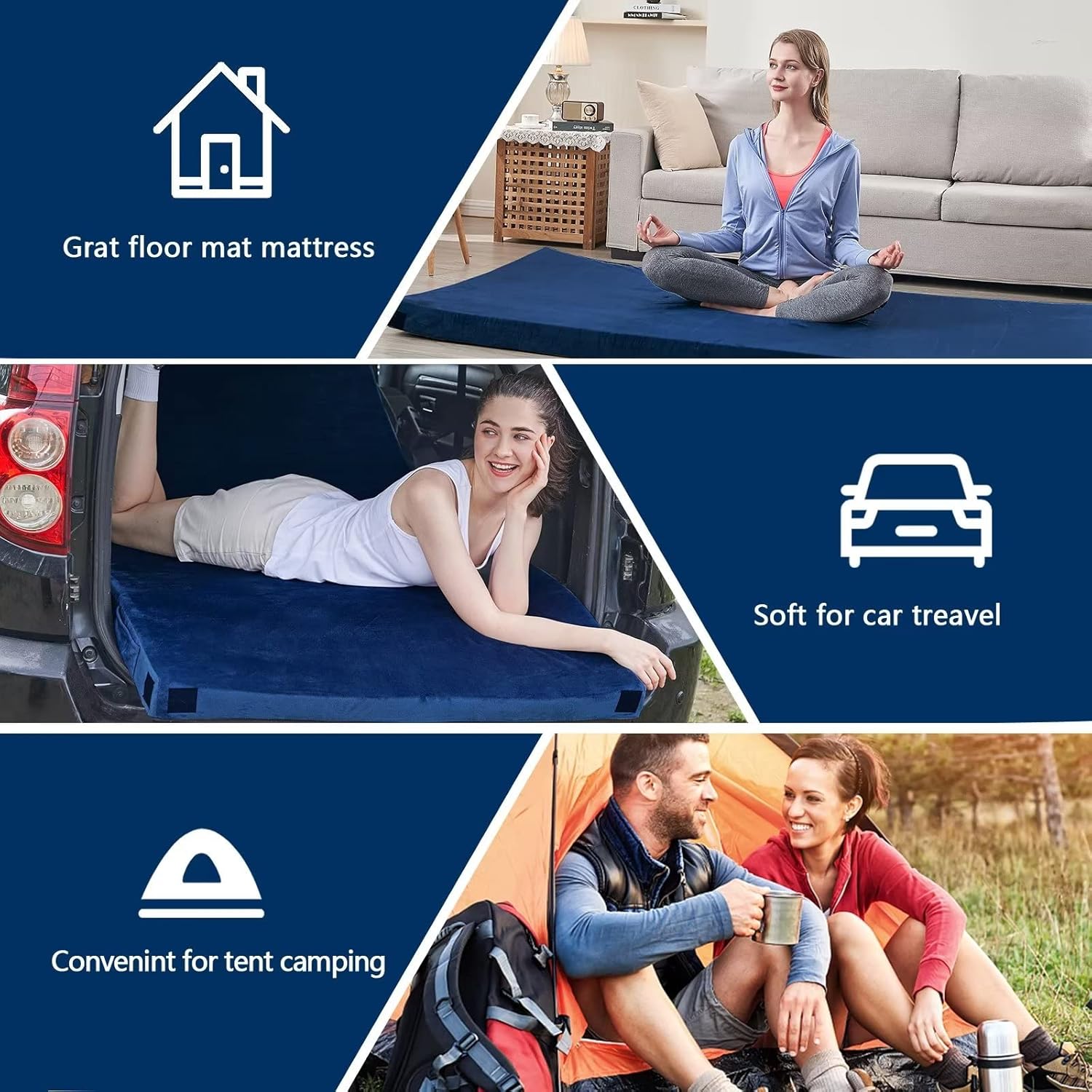 CYMULA Colchón de espuma viscoelástica para campamento, tapete de dormir CertiPUR-US portátil enrollable para adultos, almohadillas de cama de