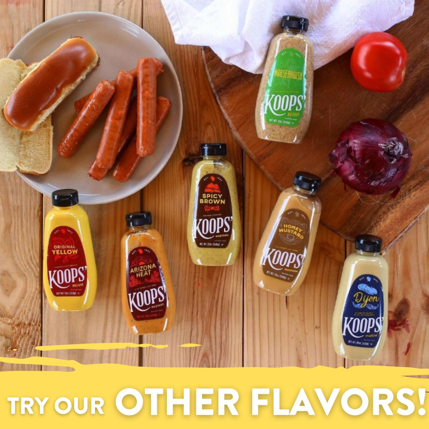 Koops’ Fan Favorites Paquete variado de mostaza, rábano picante, calor de Arizona, mostaza de miel y tierra de piedra, sin gluten, kosher, fabricado
