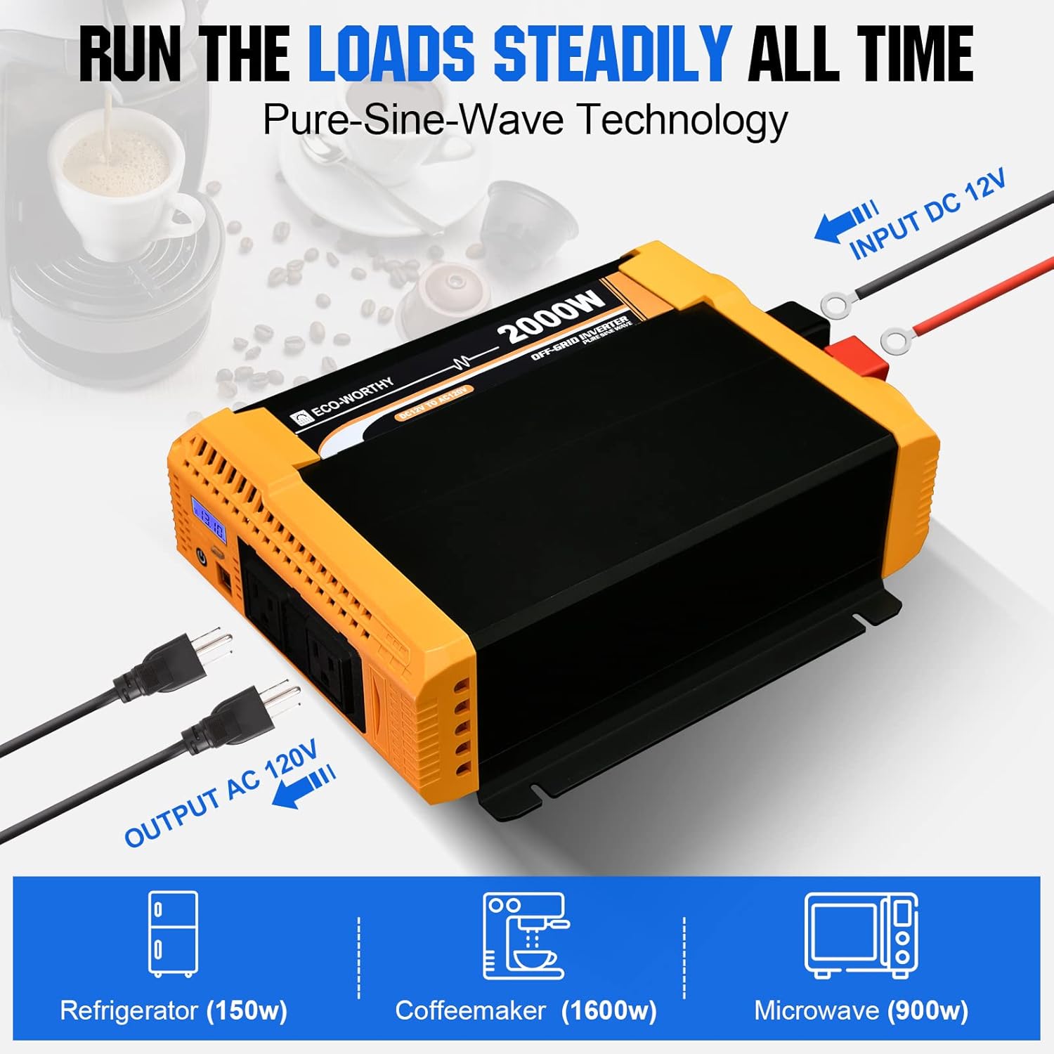 ECO-WORTHY Inversor solar de onda sinusoidal pura de 2000 W, convertidor de 12 V CC a 120 V CA para el hogar, caravana, camioneta. Puerto USB dual