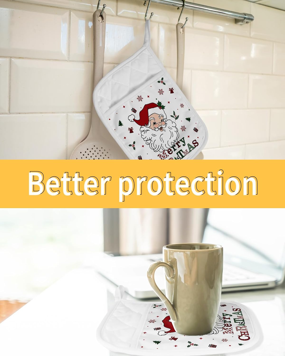 Merry Christmas 2Pcs Pot Holders for Kitchen,Non Slip & Heat Insulation Terry Cloth Potholder Set with Pocket,Thick Hot Pad Oven Mitts Trivet