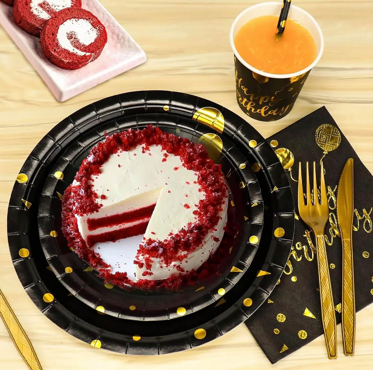 Juego de vajilla desechable de 40 piezas para fiesta de cumpleaños, platos, servilletas y tazas, sirve para 10 invitados (negro y dorado)