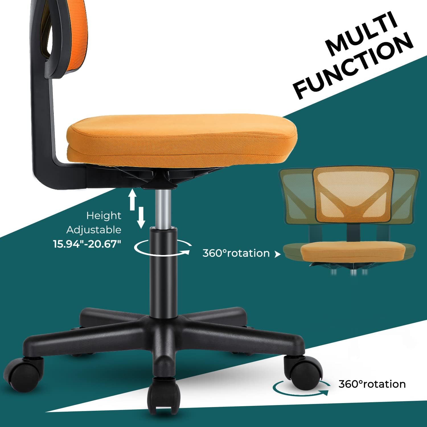 DUMOS Sillas de escritorio sin brazos con ruedas, bonita silla de oficina en casa, sin brazos, ergonómica ajustable giratoria, silla de trabajo con
