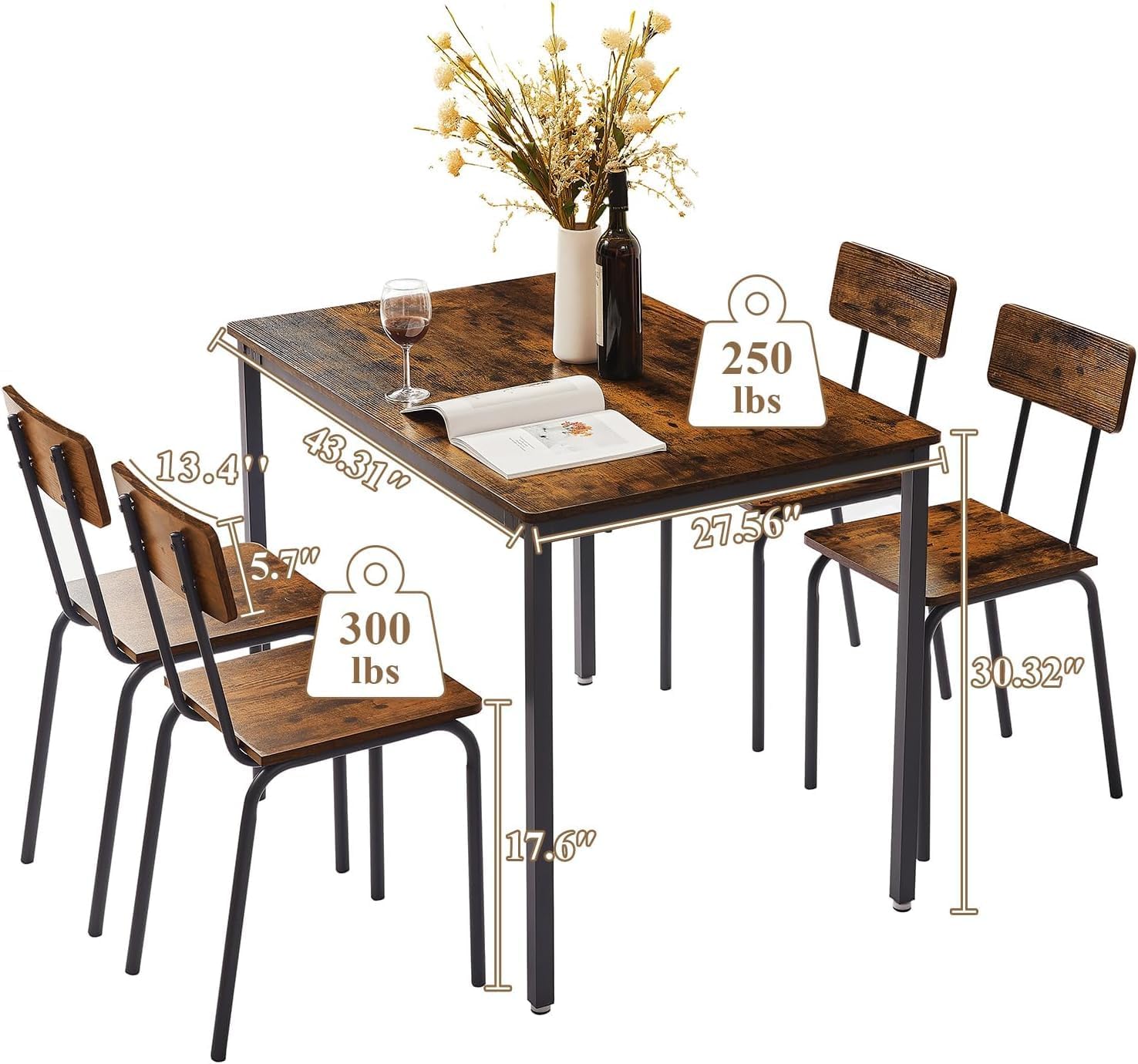 Juego de mesa de comedor de 4 sillas para 4-8, escritorio de cocina moderno que ahorra espacio, casa de campo de estilo industrial de madera, 43